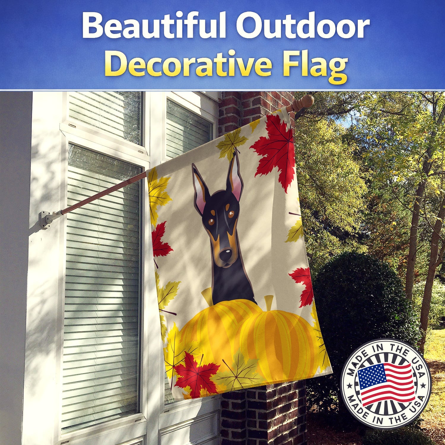 Doberman Thanksgiving House Flag 28x40 Porch Sleeve Pole Decorative Outside Yard Banner Artwork Wall Hanging, Polyester