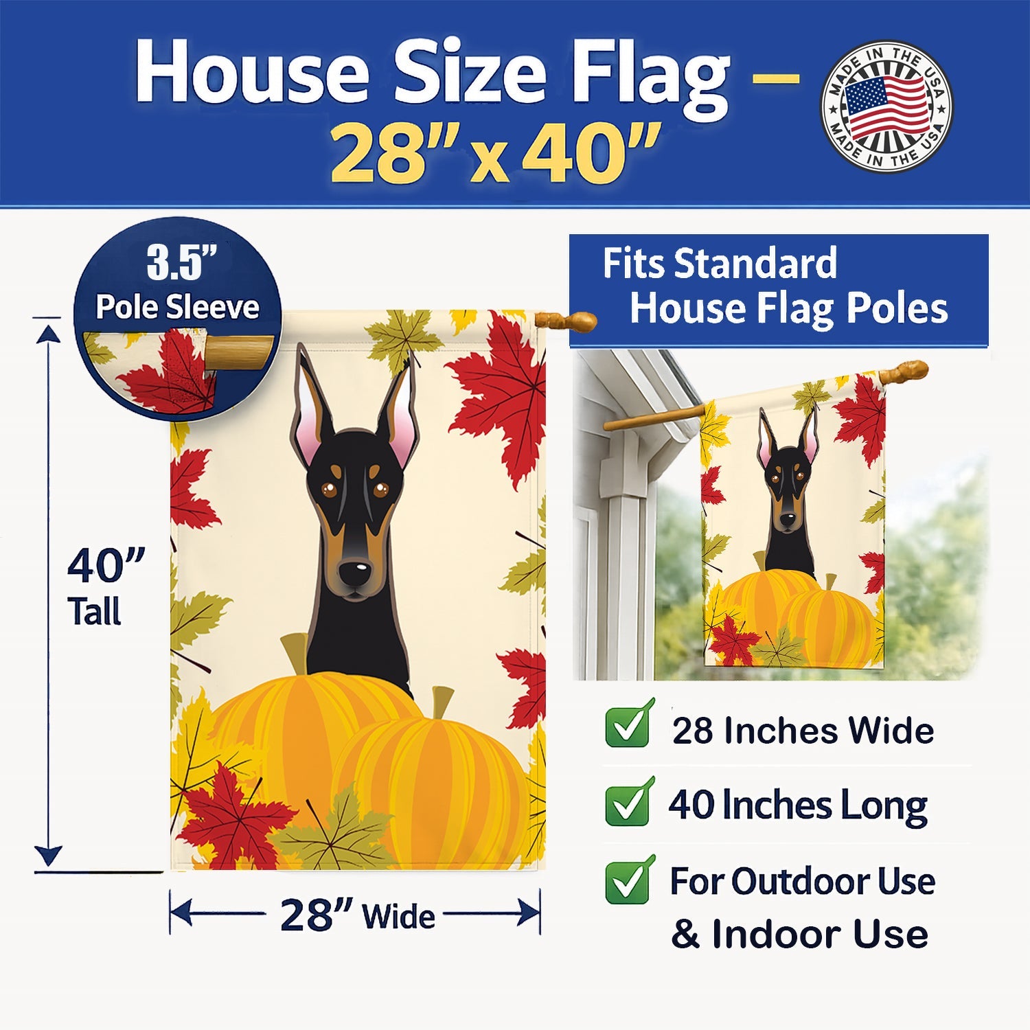 Doberman Thanksgiving House Flag 28x40 Porch Sleeve Pole Decorative Outside Yard Banner Artwork Wall Hanging, Polyester