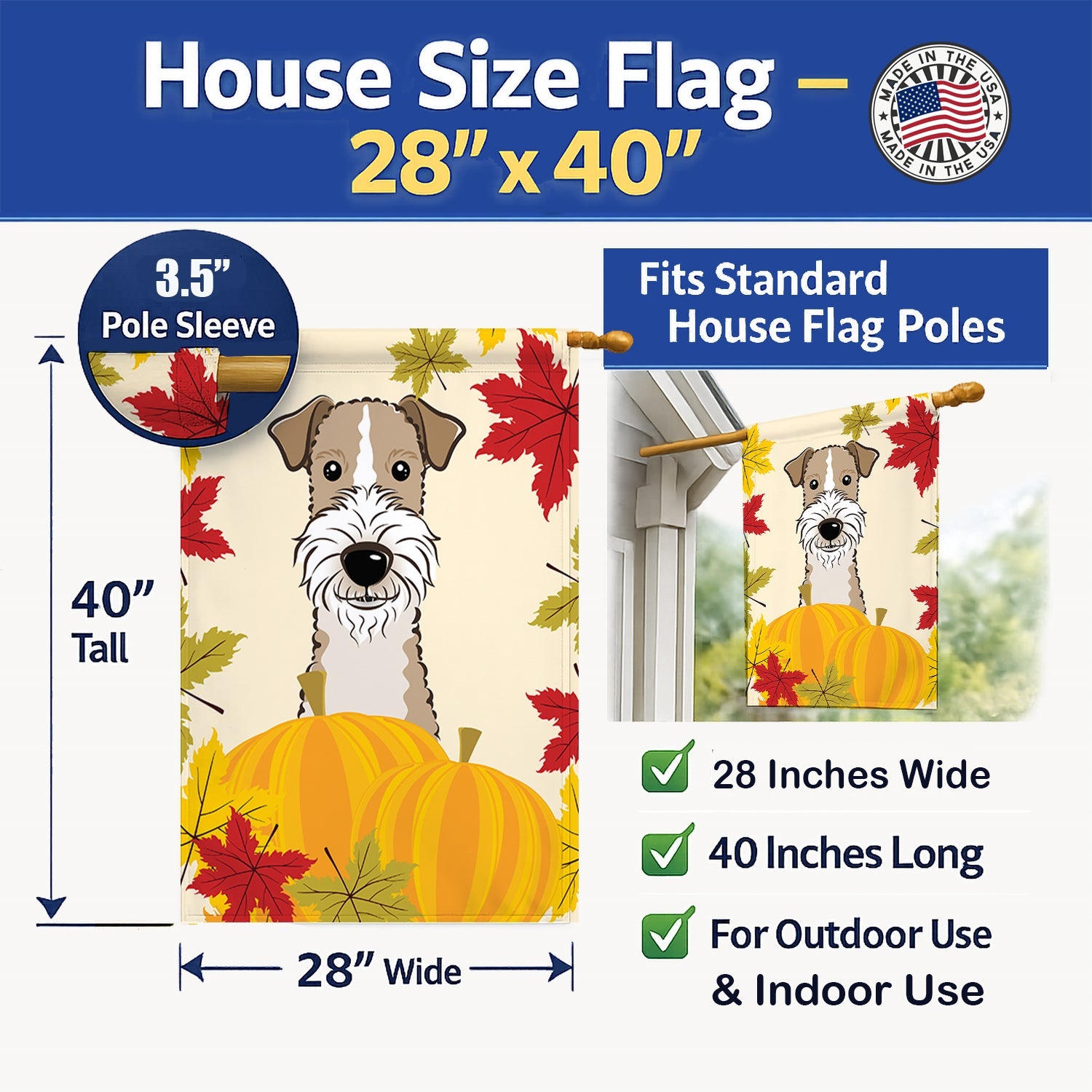 Wire Haired Fox Terrier Thanksgiving House Flag 28x40 Porch Sleeve Pole Decorative Outside Yard Banner Artwork Wall Hanging, Polyester