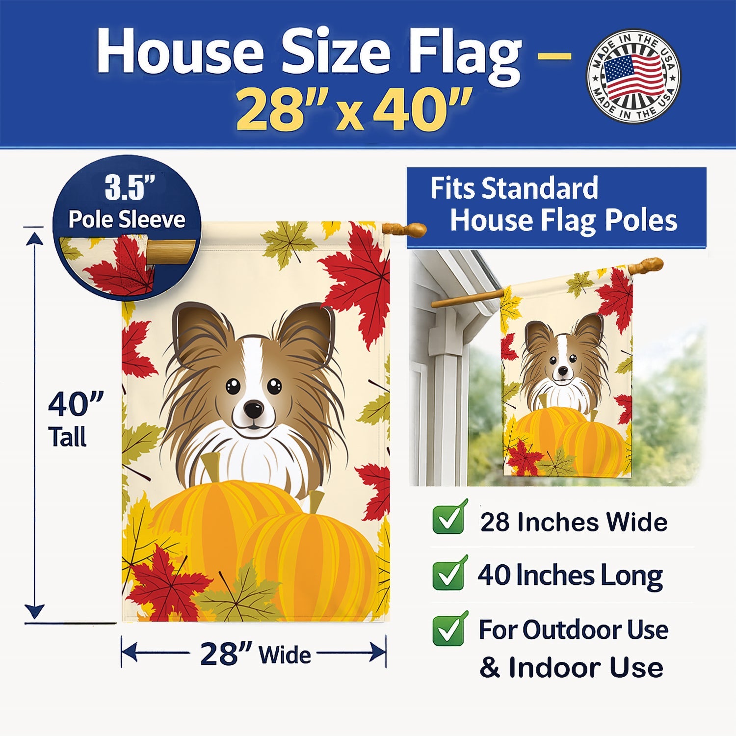 Papillon Thanksgiving House Flag 28x40 Porch Sleeve Pole Decorative Outside Yard Banner Artwork Wall Hanging, Polyester