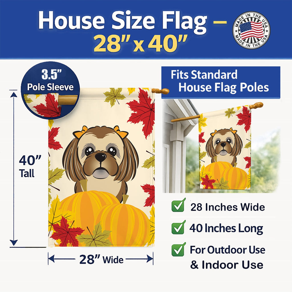 Chocolate Brown Shih Tzu Thanksgiving House Flag 28x40 Porch Sleeve Pole Decorative Outside Yard Banner Artwork Wall Hanging, Polyester