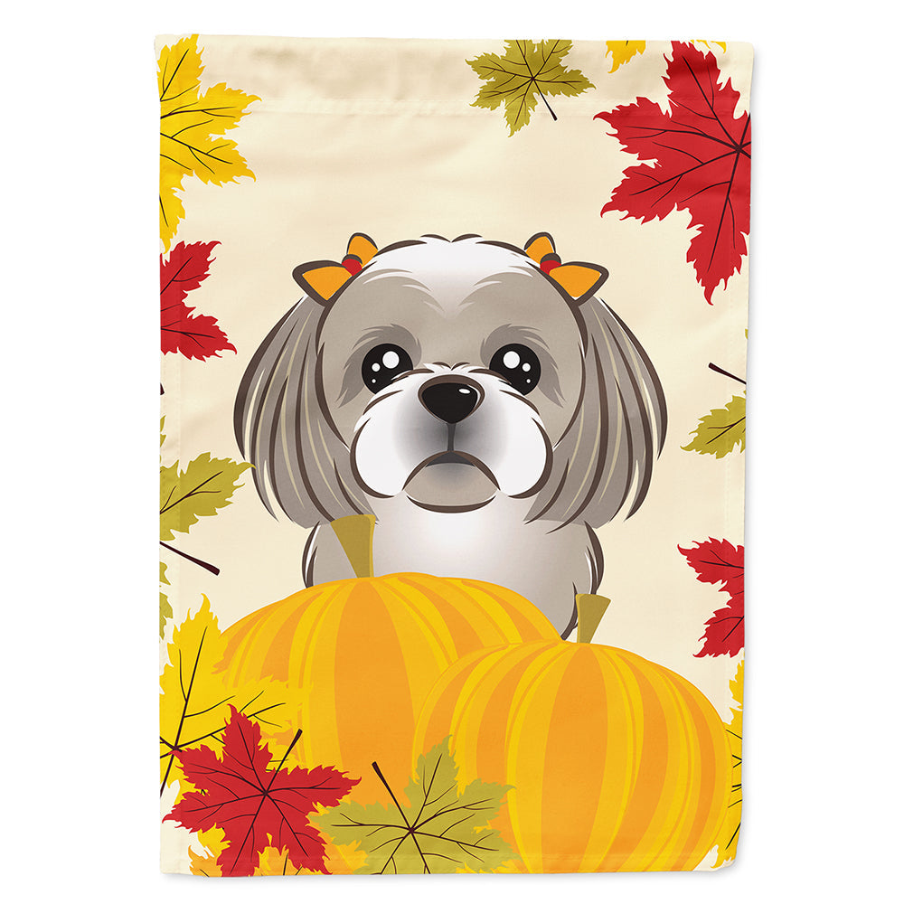 Gray Silver Shih Tzu Thanksgiving House Flag 28x40 Porch Sleeve Pole Decorative Outside Yard Banner Artwork Wall Hanging, Polyester
