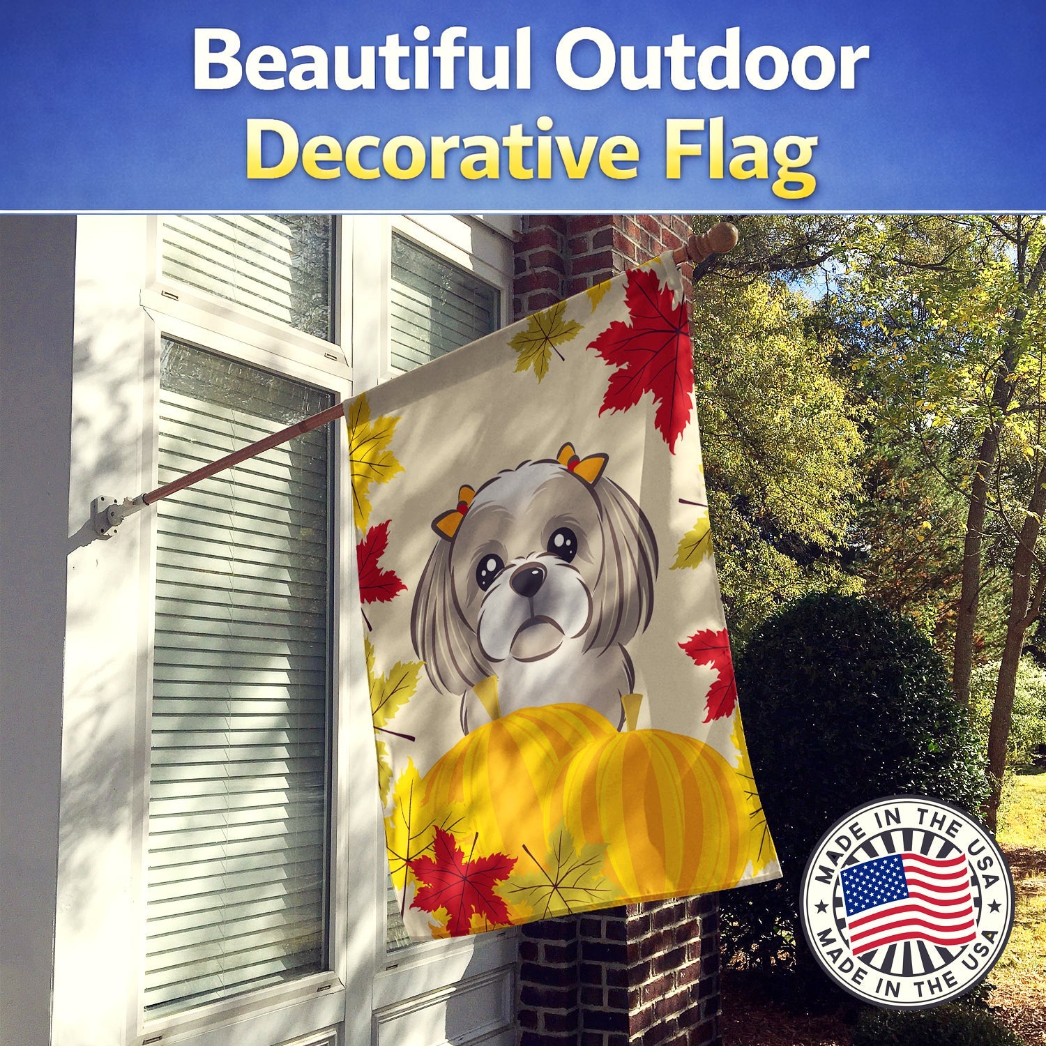 Gray Silver Shih Tzu Thanksgiving House Flag 28x40 Porch Sleeve Pole Decorative Outside Yard Banner Artwork Wall Hanging, Polyester