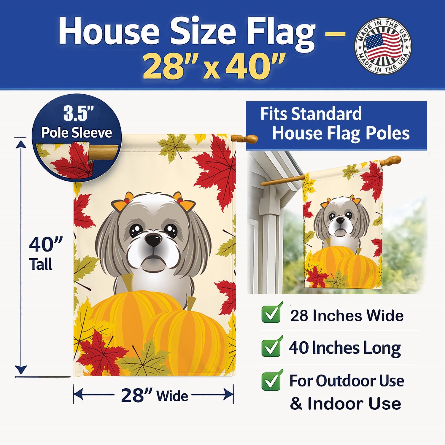 Gray Silver Shih Tzu Thanksgiving House Flag 28x40 Porch Sleeve Pole Decorative Outside Yard Banner Artwork Wall Hanging, Polyester