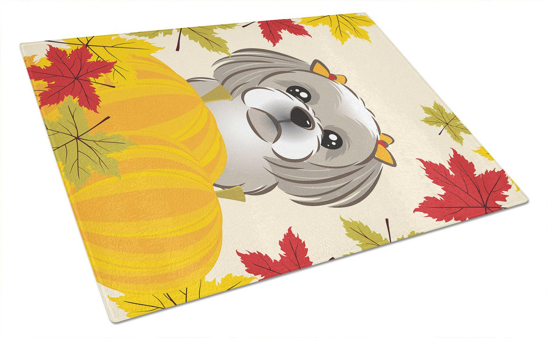 Gray Silver Shih Tzu Thanksgiving Cutting Board Tempered Glass Kitchen Cutting Surface, Heat Resistant Chopping, Non-Slip Feet, Food Prep & Serving