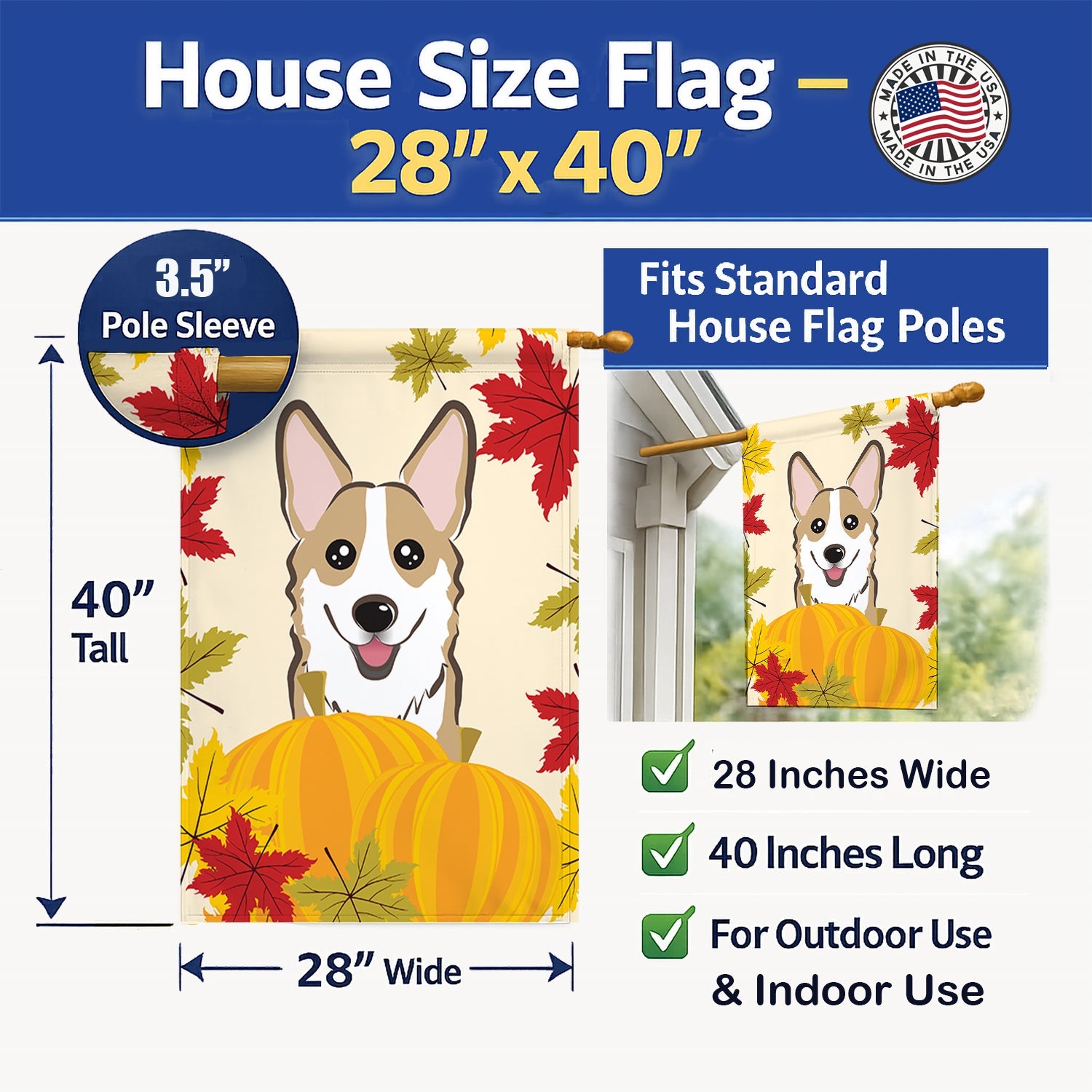 Sable Corgi Thanksgiving House Flag 28x40 Porch Sleeve Pole Decorative Outside Yard Banner Artwork Wall Hanging, Polyester