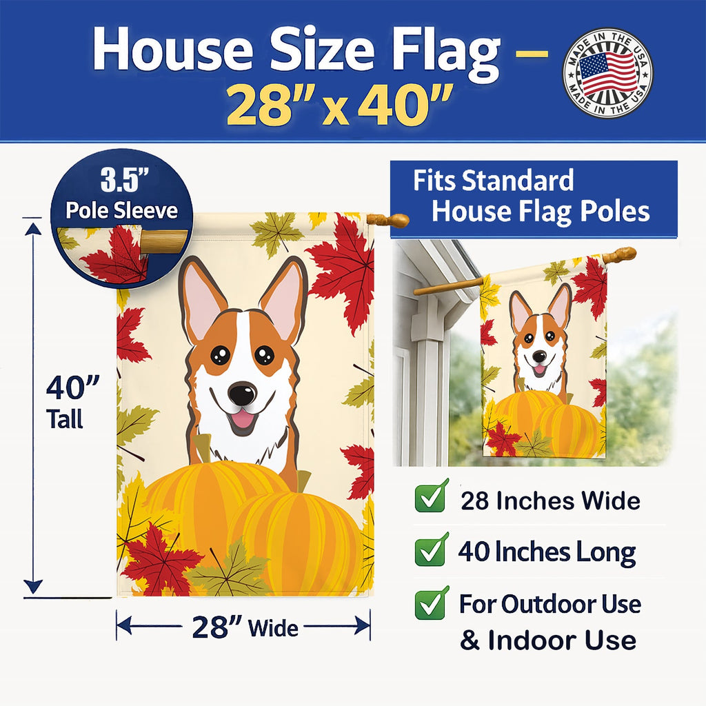 Red Corgi Thanksgiving House Flag 28x40 Porch Sleeve Pole Decorative Outside Yard Banner Artwork Wall Hanging, Polyester