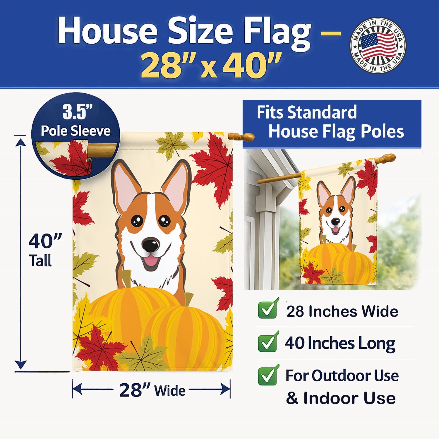 Red Corgi Thanksgiving House Flag 28x40 Porch Sleeve Pole Decorative Outside Yard Banner Artwork Wall Hanging, Polyester