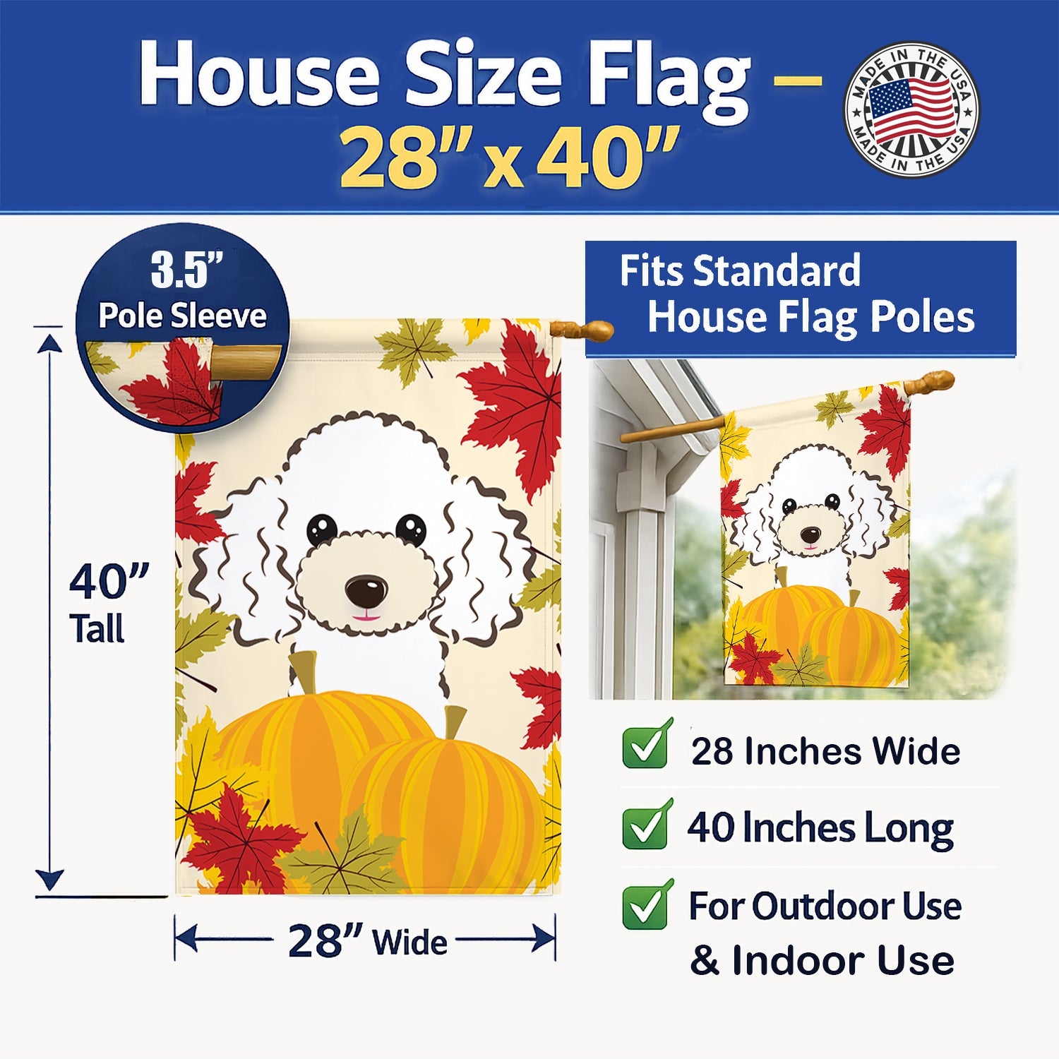 White Poodle Thanksgiving House Flag 28x40 Porch Sleeve Pole Decorative Outside Yard Banner Artwork Wall Hanging, Polyester