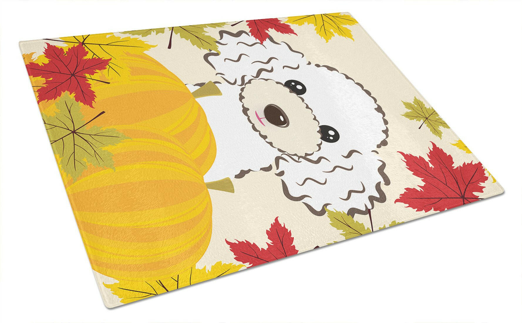 White Poodle Thanksgiving Cutting Board Tempered Glass Kitchen Cutting Surface, Heat Resistant Chopping, Non-Slip Feet, Food Prep & Serving