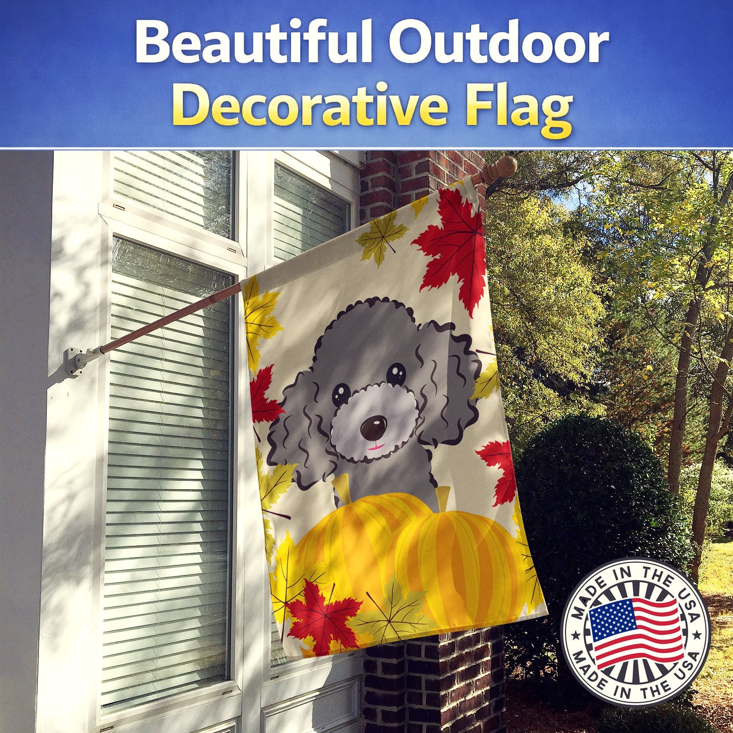 Silver Gray Poodle Thanksgiving House Flag 28x40 Porch Sleeve Pole Decorative Outside Yard Banner Artwork Wall Hanging, Polyester