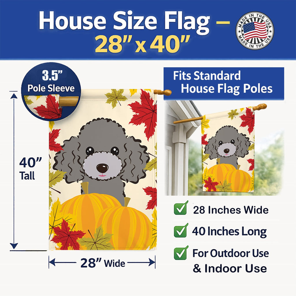 Silver Gray Poodle Thanksgiving House Flag 28x40 Porch Sleeve Pole Decorative Outside Yard Banner Artwork Wall Hanging, Polyester