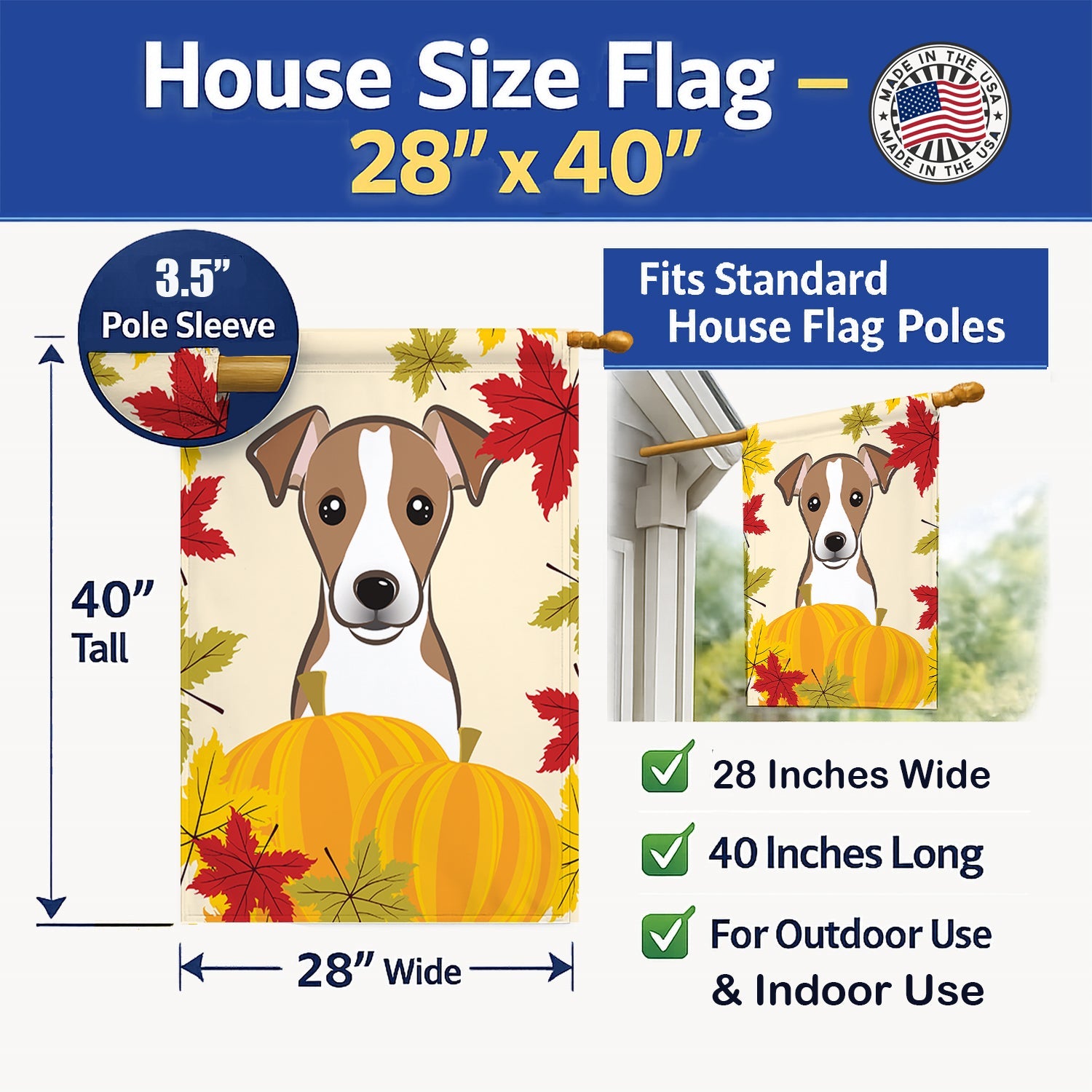 Jack Russell Terrier Thanksgiving House Flag 28x40 Porch Sleeve Pole Decorative Outside Yard Banner Artwork Wall Hanging, Polyester