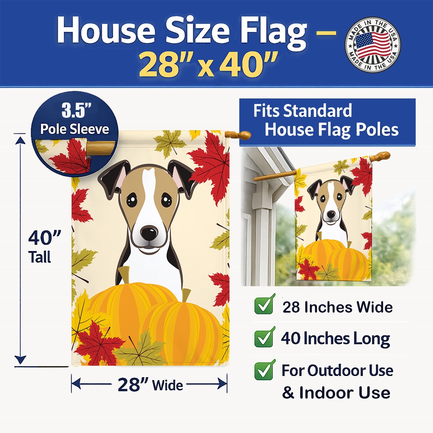 Jack Russell Terrier Thanksgiving House Flag 28x40 Porch Sleeve Pole Decorative Outside Yard Banner Artwork Wall Hanging, Polyester