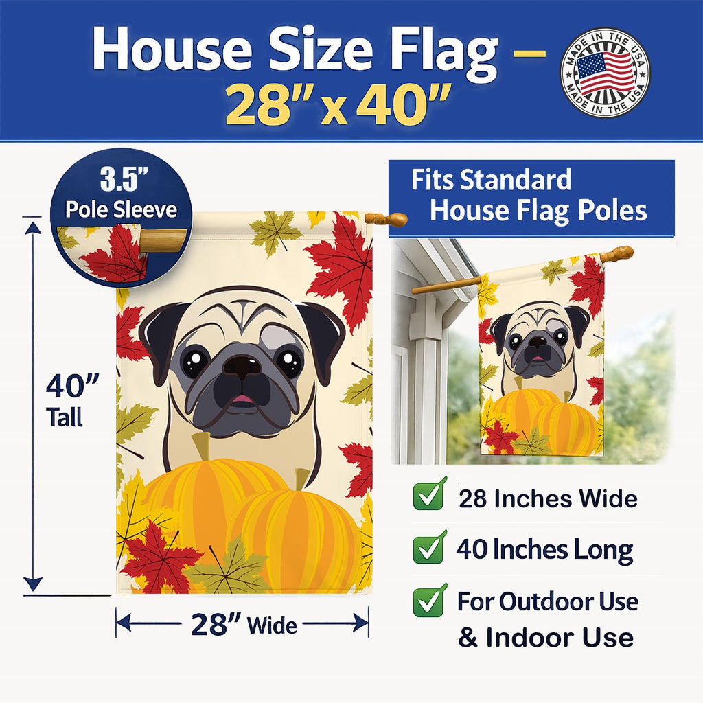 Fawn Pug Thanksgiving House Flag 28x40 Porch Sleeve Pole Decorative Outside Yard Banner Artwork Wall Hanging, Polyester