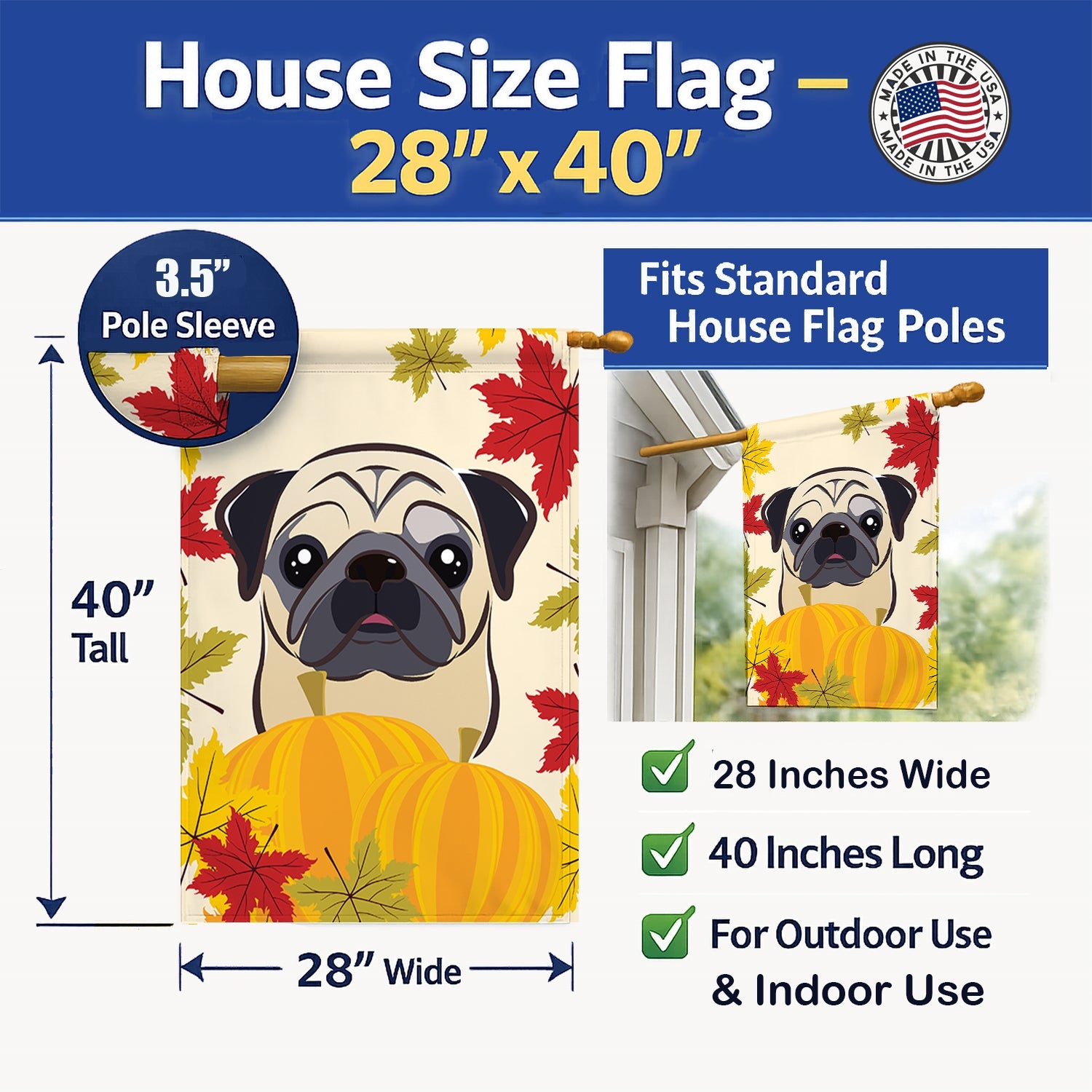 Fawn Pug Thanksgiving House Flag 28x40 Porch Sleeve Pole Decorative Outside Yard Banner Artwork Wall Hanging, Polyester