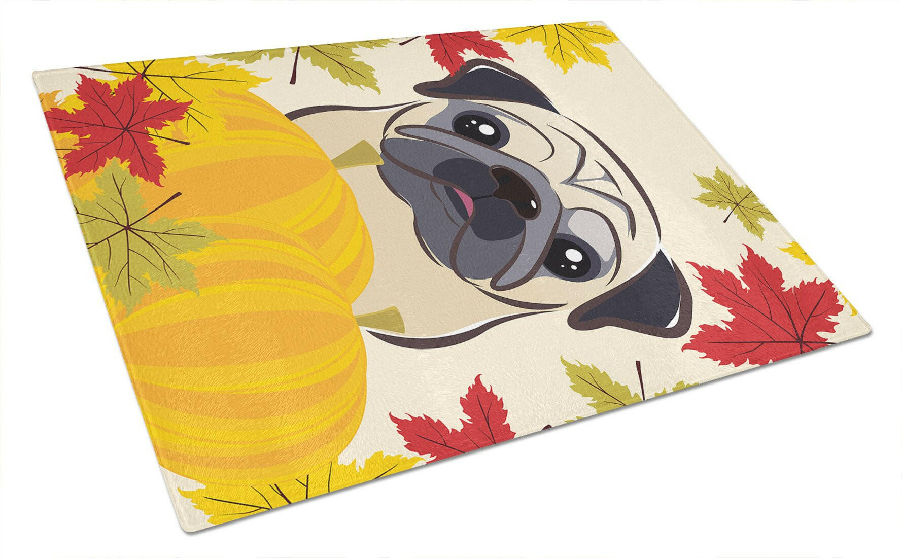 Fawn Pug Thanksgiving Cutting Board Tempered Glass Kitchen Cutting Surface, Heat Resistant Chopping, Non-Slip Feet, Food Prep & Serving