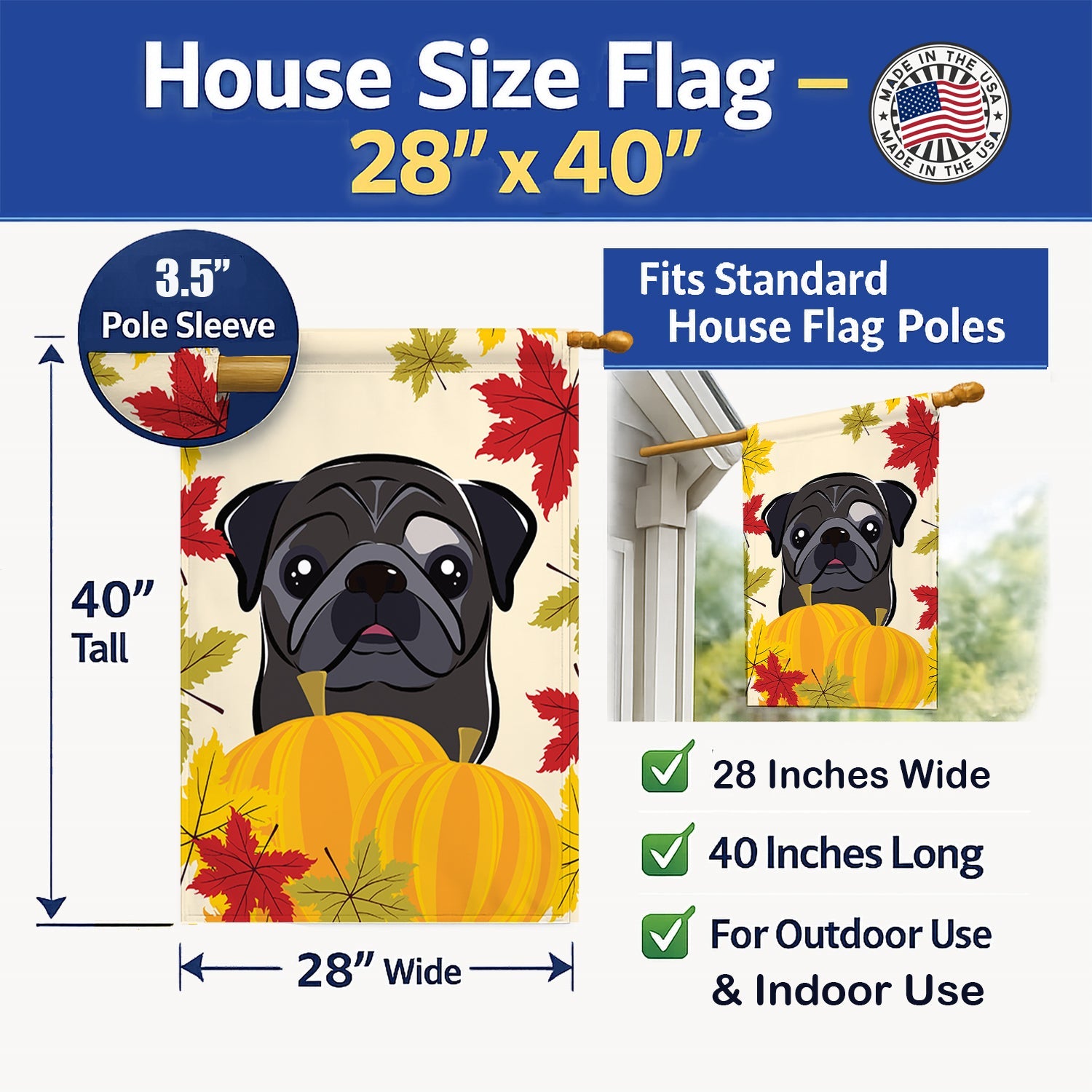 Black Pug Thanksgiving House Flag 28x40 Porch Sleeve Pole Decorative Outside Yard Banner Artwork Wall Hanging, Polyester