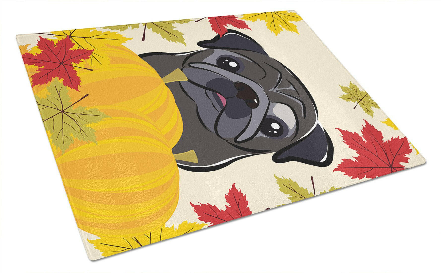 Black Pug Thanksgiving Cutting Board Tempered Glass Kitchen Cutting Surface, Heat Resistant Chopping, Non-Slip Feet, Food Prep & Serving