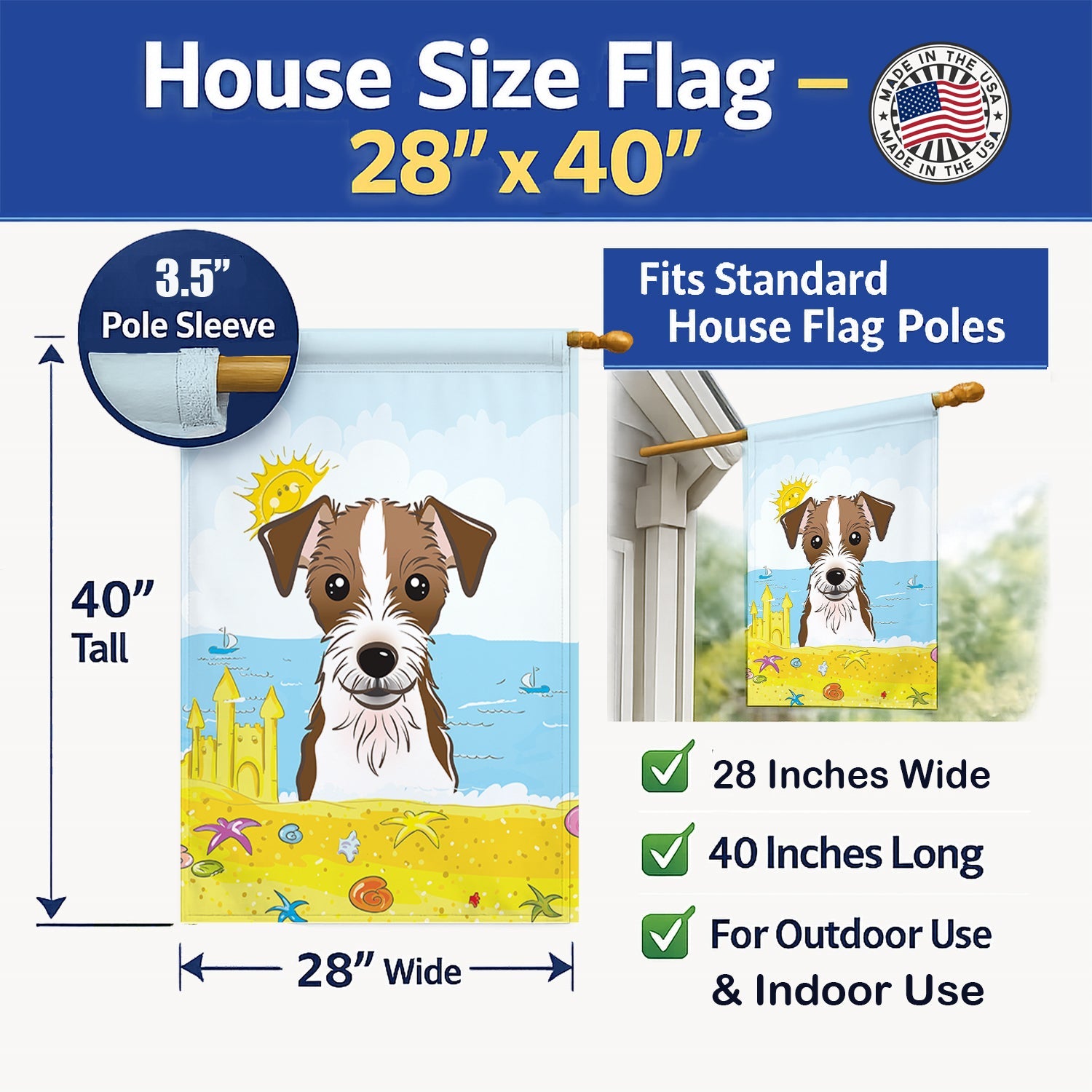 Jack Russell Terrier Summer Beach House Flag 28x40 Porch Sleeve Pole Decorative Outside Yard Banner Artwork Wall Hanging, Polyester