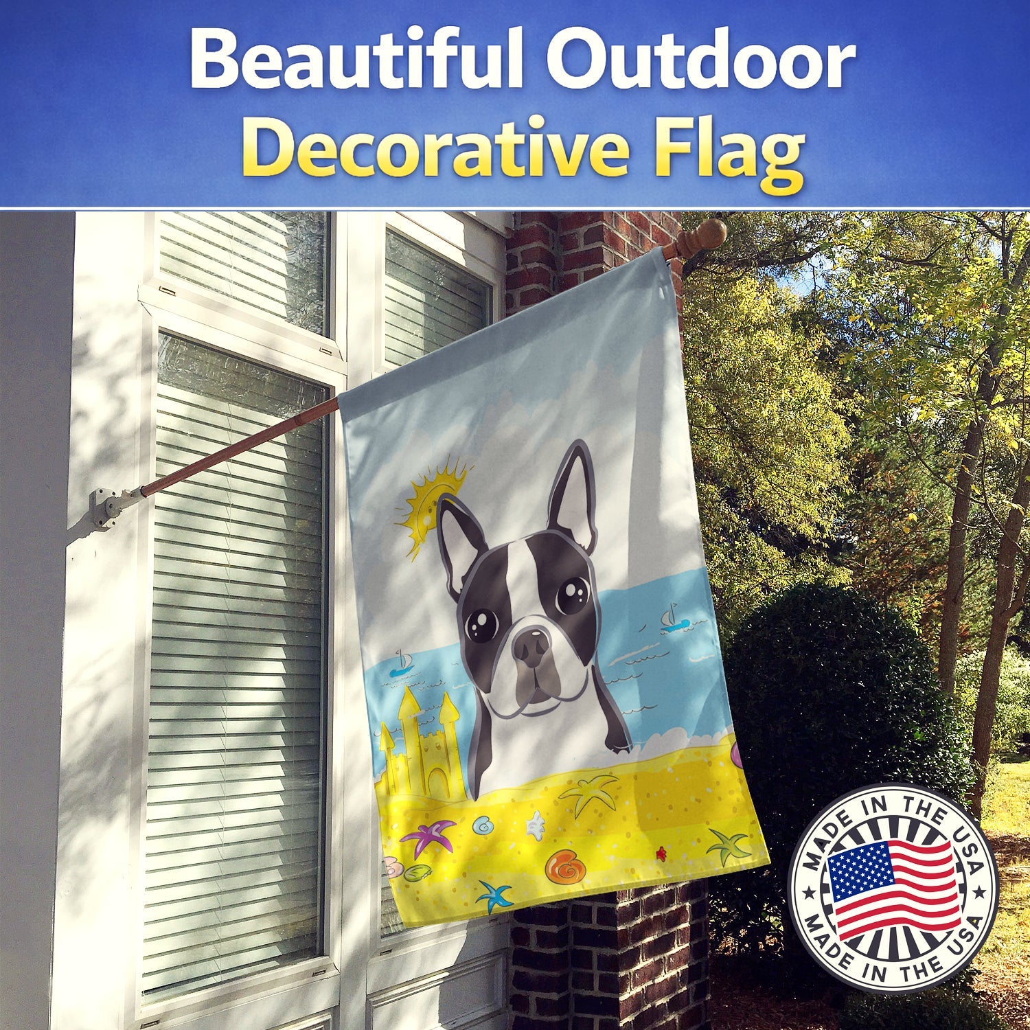 Boston Terrier Summer Beach House Flag 28x40 Porch Sleeve Pole Decorative Outside Yard Banner Artwork Wall Hanging, Polyester