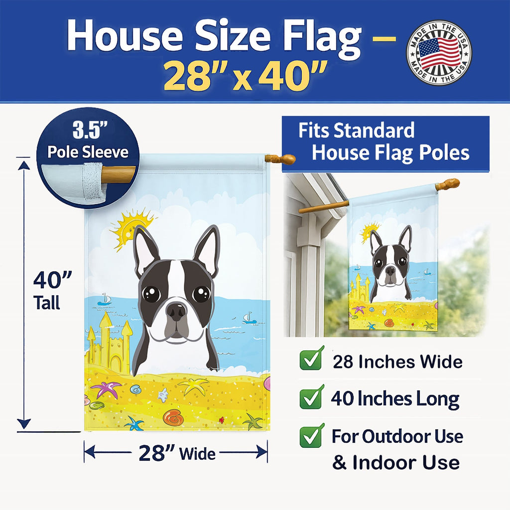 Boston Terrier Summer Beach House Flag 28x40 Porch Sleeve Pole Decorative Outside Yard Banner Artwork Wall Hanging, Polyester