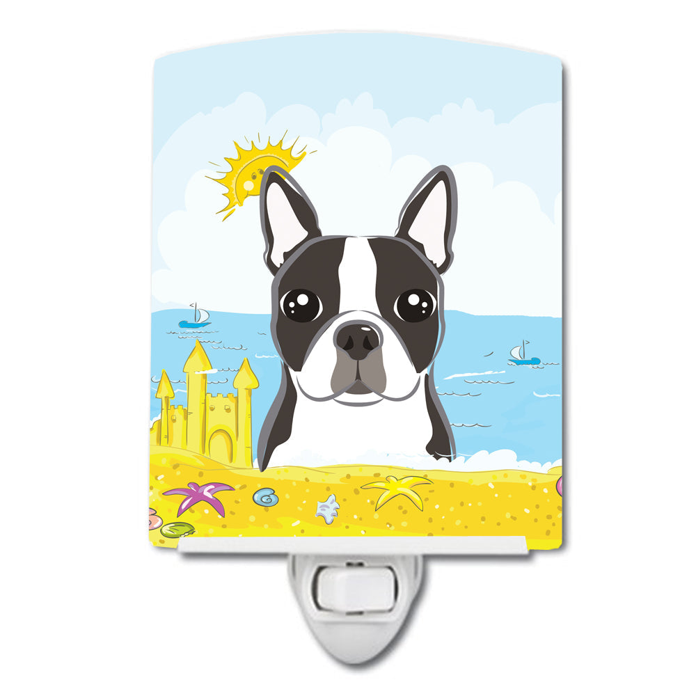 Boston Terrier Summer Beach Ceramic Night Light Compact, UL-Certified, Ideal for Bedroom, Bathroom, Nursery, Hallway, Kitchen, 6x4x3, Multicolor