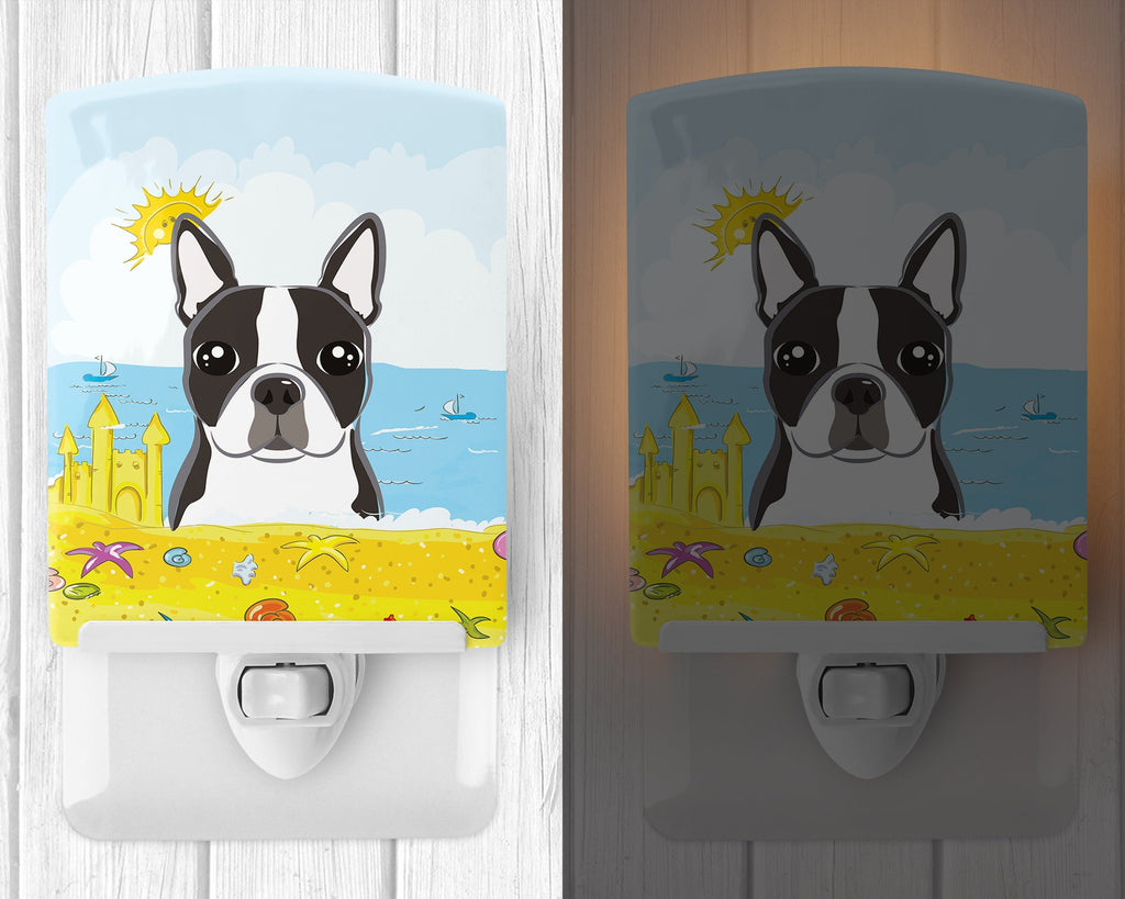 Boston Terrier Summer Beach Ceramic Night Light Compact, UL-Certified, Ideal for Bedroom, Bathroom, Nursery, Hallway, Kitchen, 6x4x3, Multicolor
