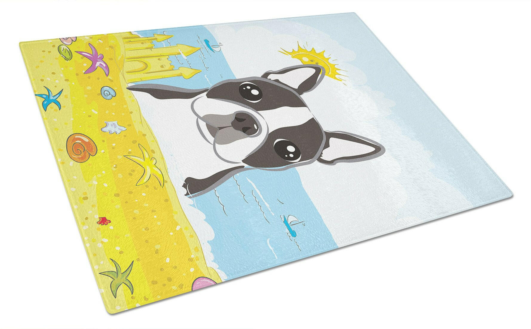 Boston Terrier Summer Beach Cutting Board Tempered Glass Kitchen Cutting Surface, Heat Resistant Chopping, Non-Slip Feet, Food Prep & Serving