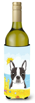 Boston Terrier Summer Beach Wine Bottle Hugger Gift Sleeve for Standard 750 ml Bottles, Insulated Reusable Also Fits Mini Shot & Pint Bottles