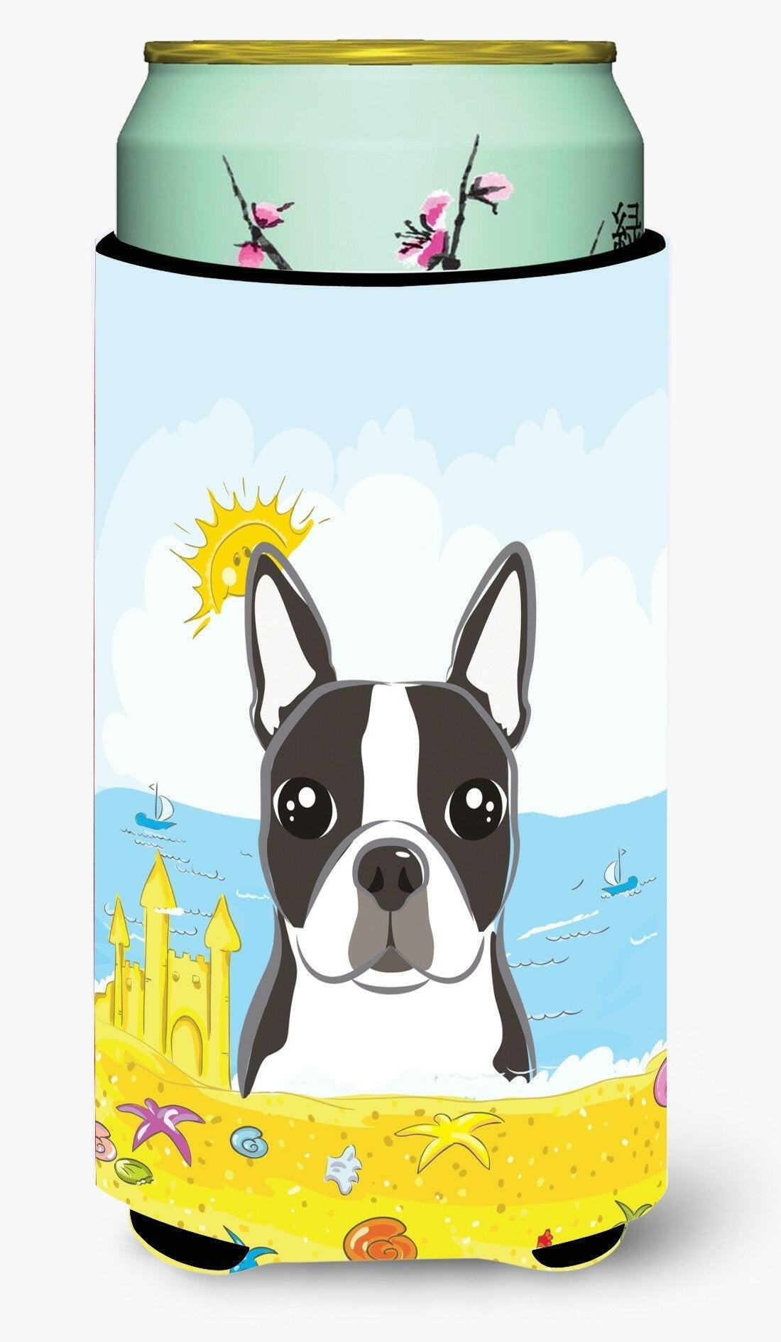 Boston Terrier Summer Beach Tall Boy Hugger Can Cooler Sleeve Machine Washable Drink Collapsible Insulator Beverage Insulated Holder