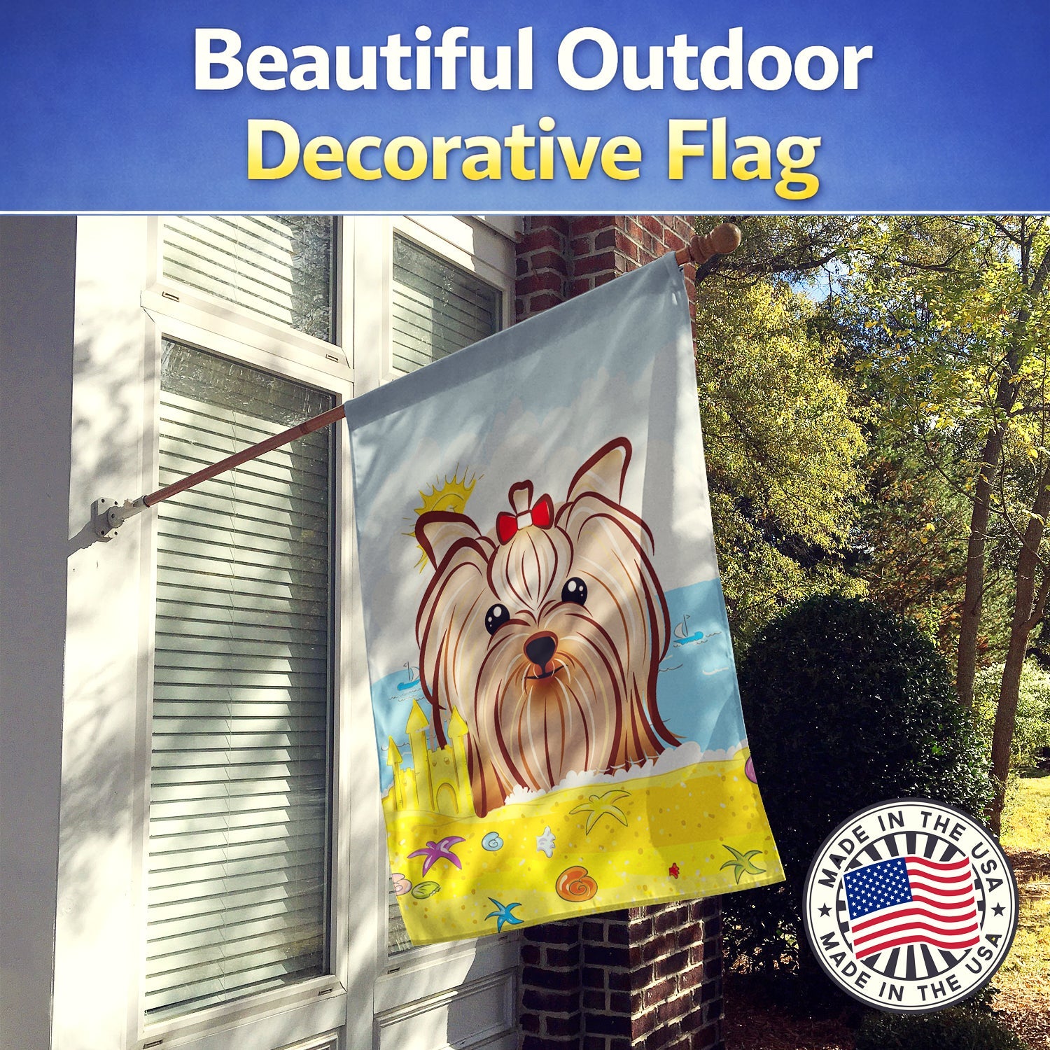Yorkie Yorkishire Terrier Summer Beach House Flag 28x40 Porch Sleeve Pole Decorative Outside Yard Banner Artwork Wall Hanging, Polyester