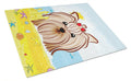 Yorkie Yorkishire Terrier Summer Beach Cutting Board Tempered Glass Kitchen Cutting Surface, Heat Resistant Chopping, Non-Slip Feet, Food Prep & Serving