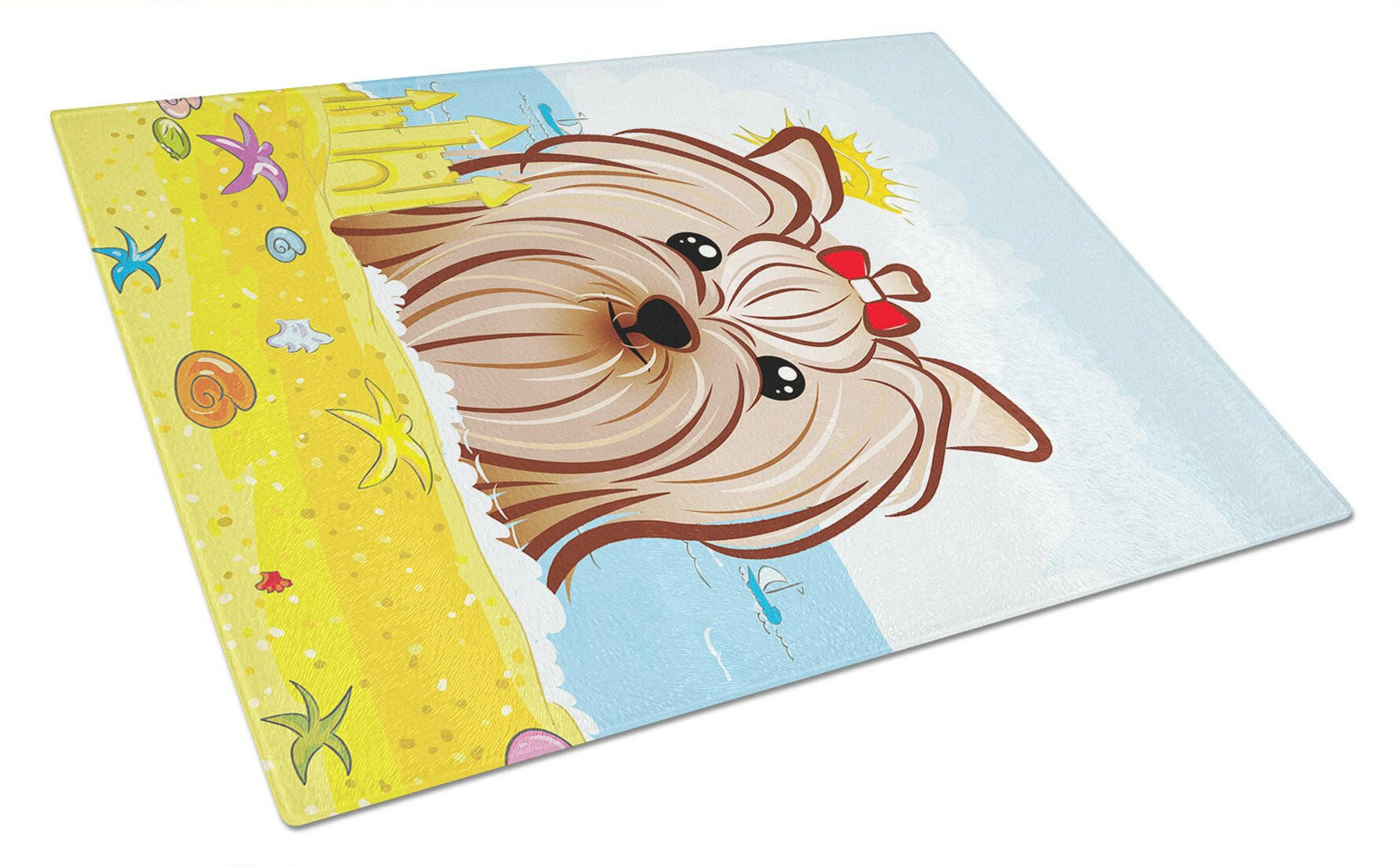 Yorkie Yorkishire Terrier Summer Beach Cutting Board Tempered Glass Kitchen Cutting Surface, Heat Resistant Chopping, Non-Slip Feet, Food Prep & Serving