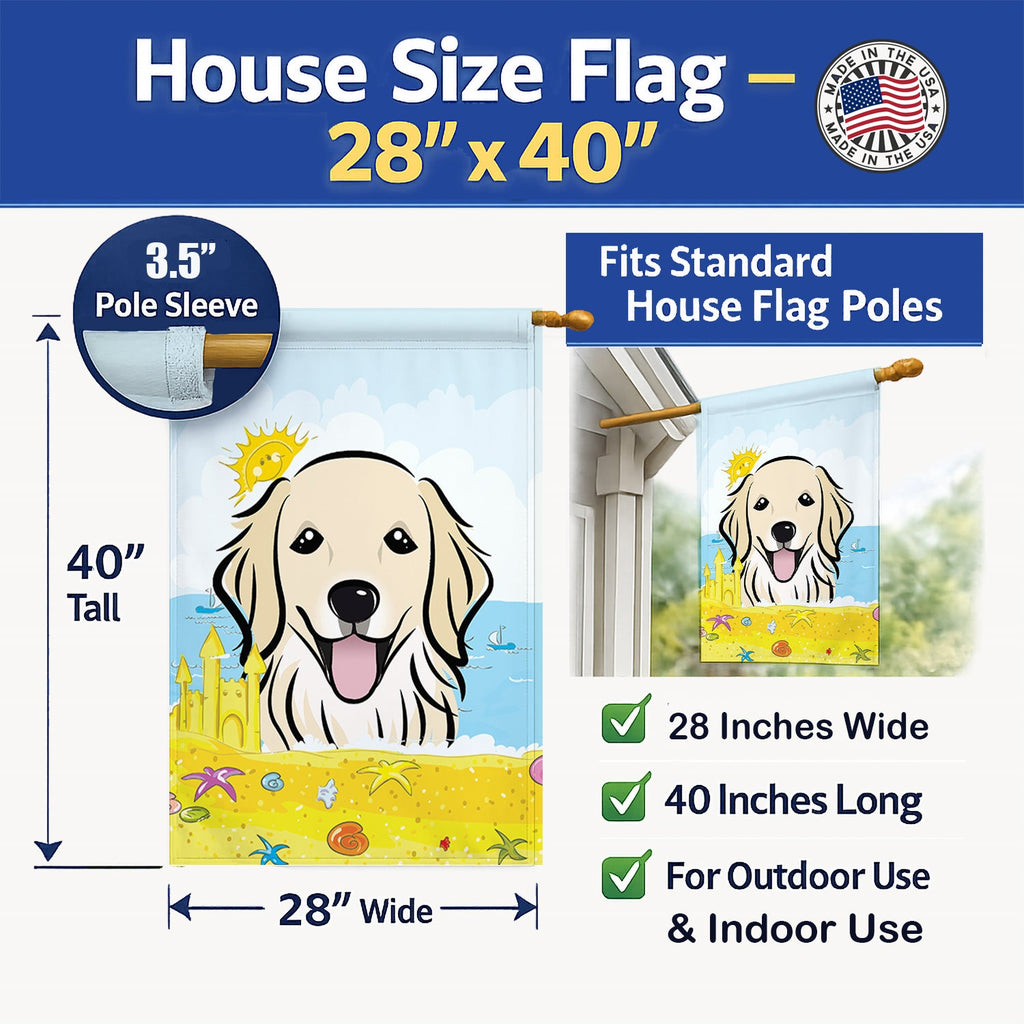 Golden Retriever Summer Beach House Flag 28x40 Porch Sleeve Pole Decorative Outside Yard Banner Artwork Wall Hanging, Polyester