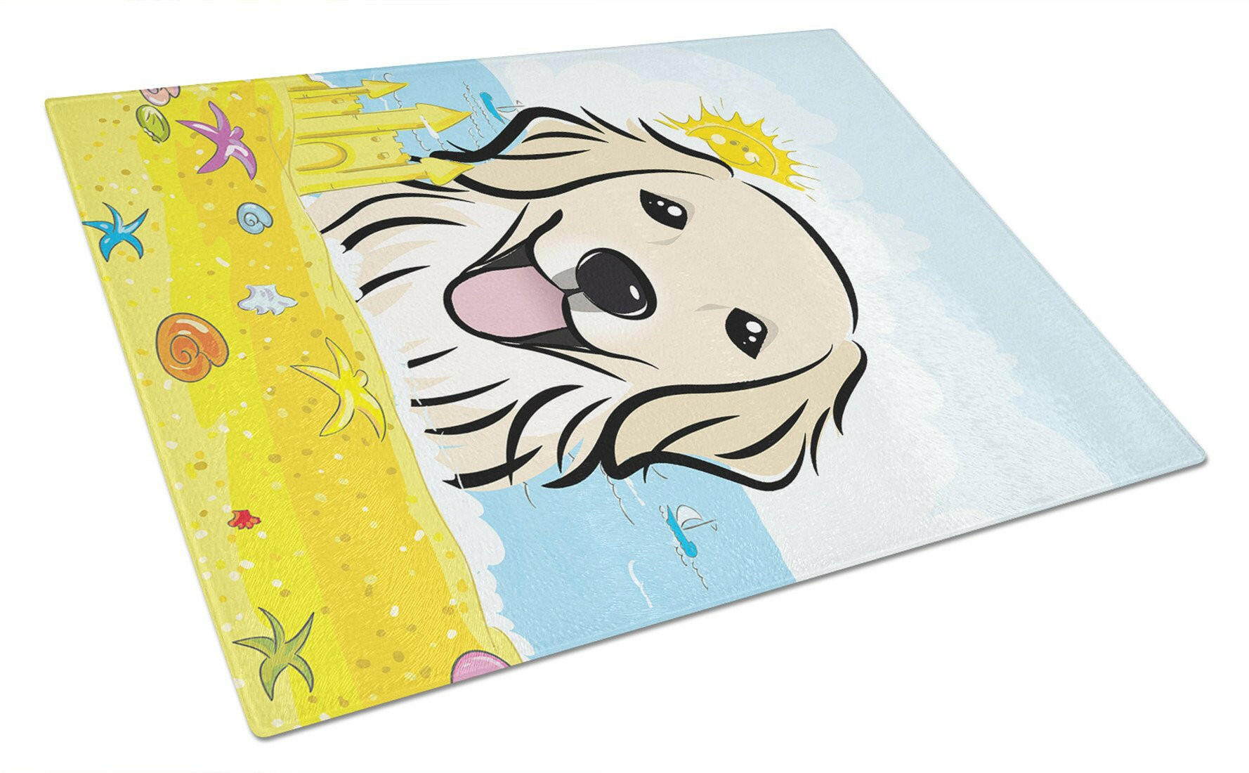 Golden Retriever Summer Beach Cutting Board Tempered Glass Kitchen Cutting Surface, Heat Resistant Chopping, Non-Slip Feet, Food Prep & Serving