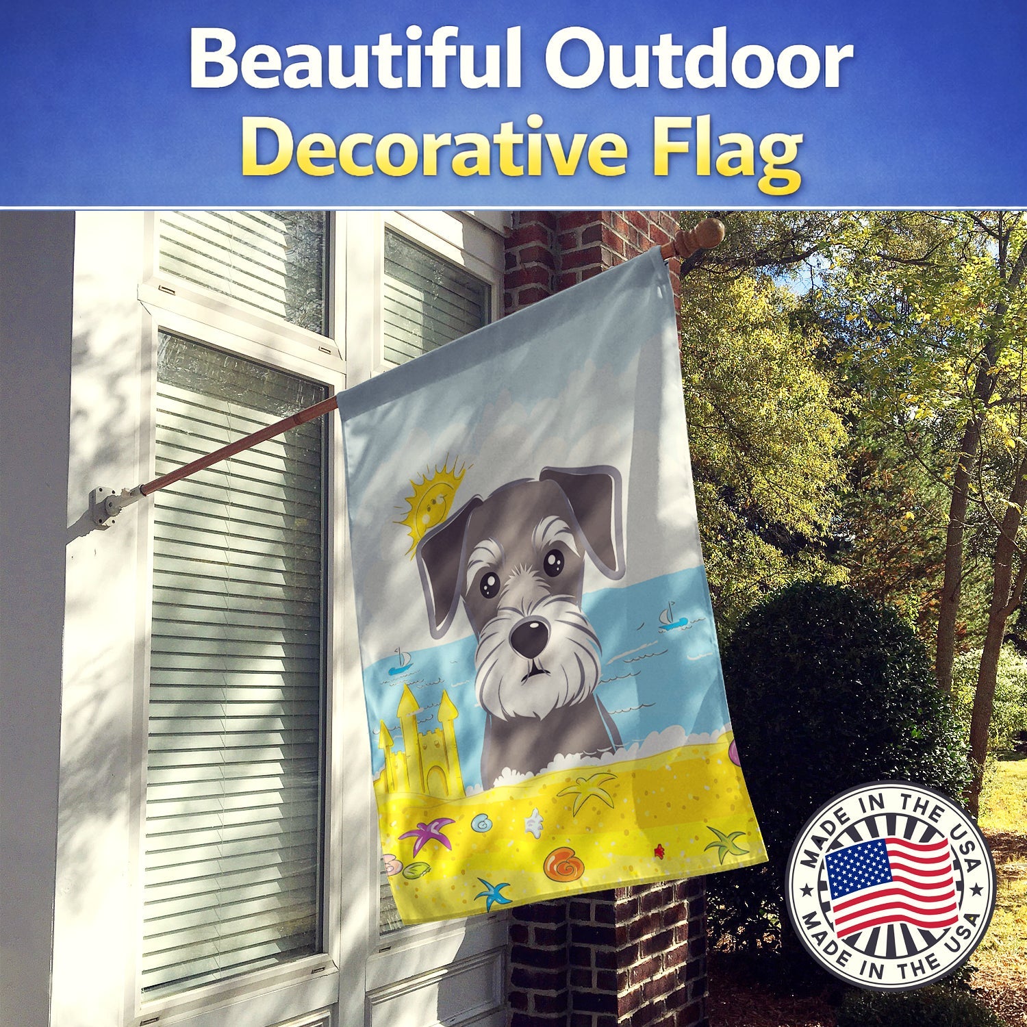 Schnauzer Summer Beach House Flag 28x40 Porch Sleeve Pole Decorative Outside Yard Banner Artwork Wall Hanging, Polyester
