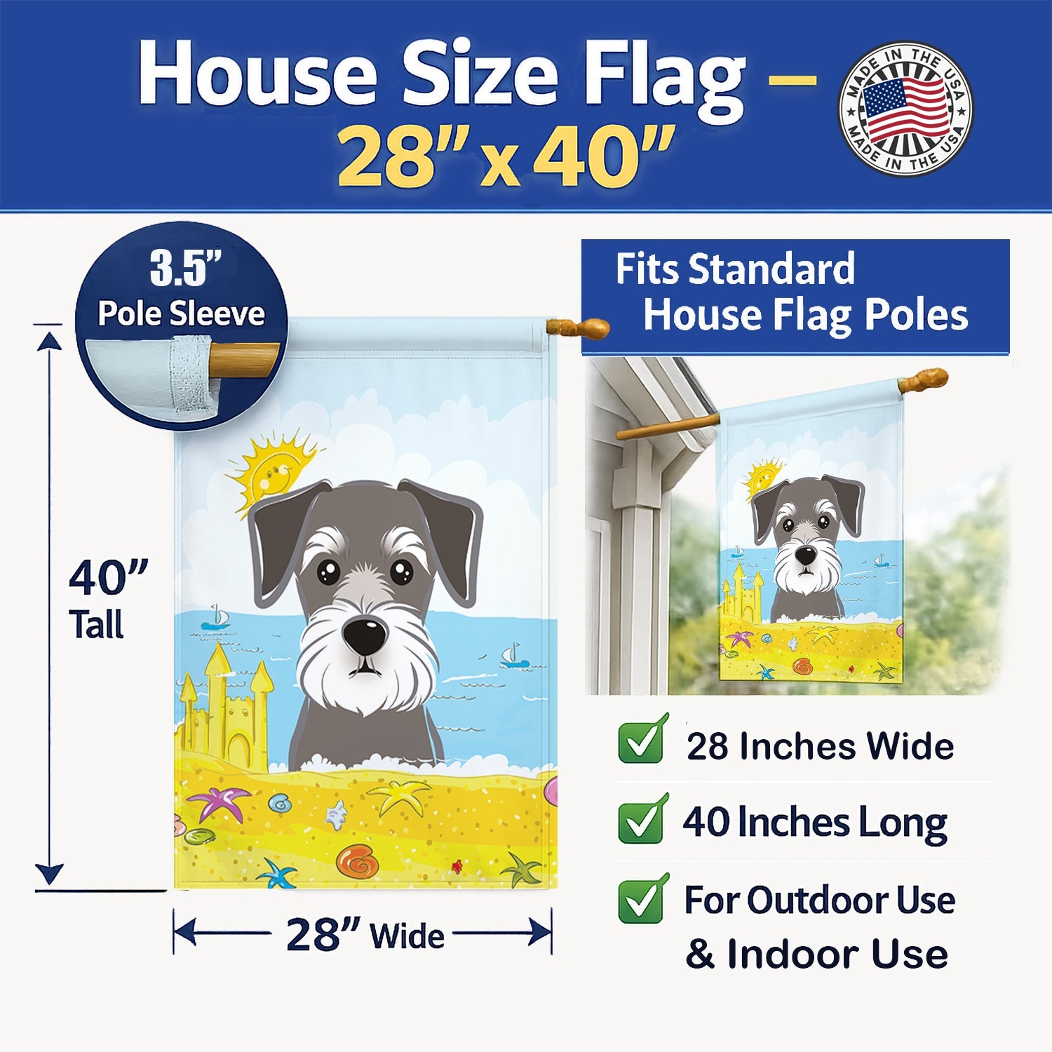 Schnauzer Summer Beach House Flag 28x40 Porch Sleeve Pole Decorative Outside Yard Banner Artwork Wall Hanging, Polyester