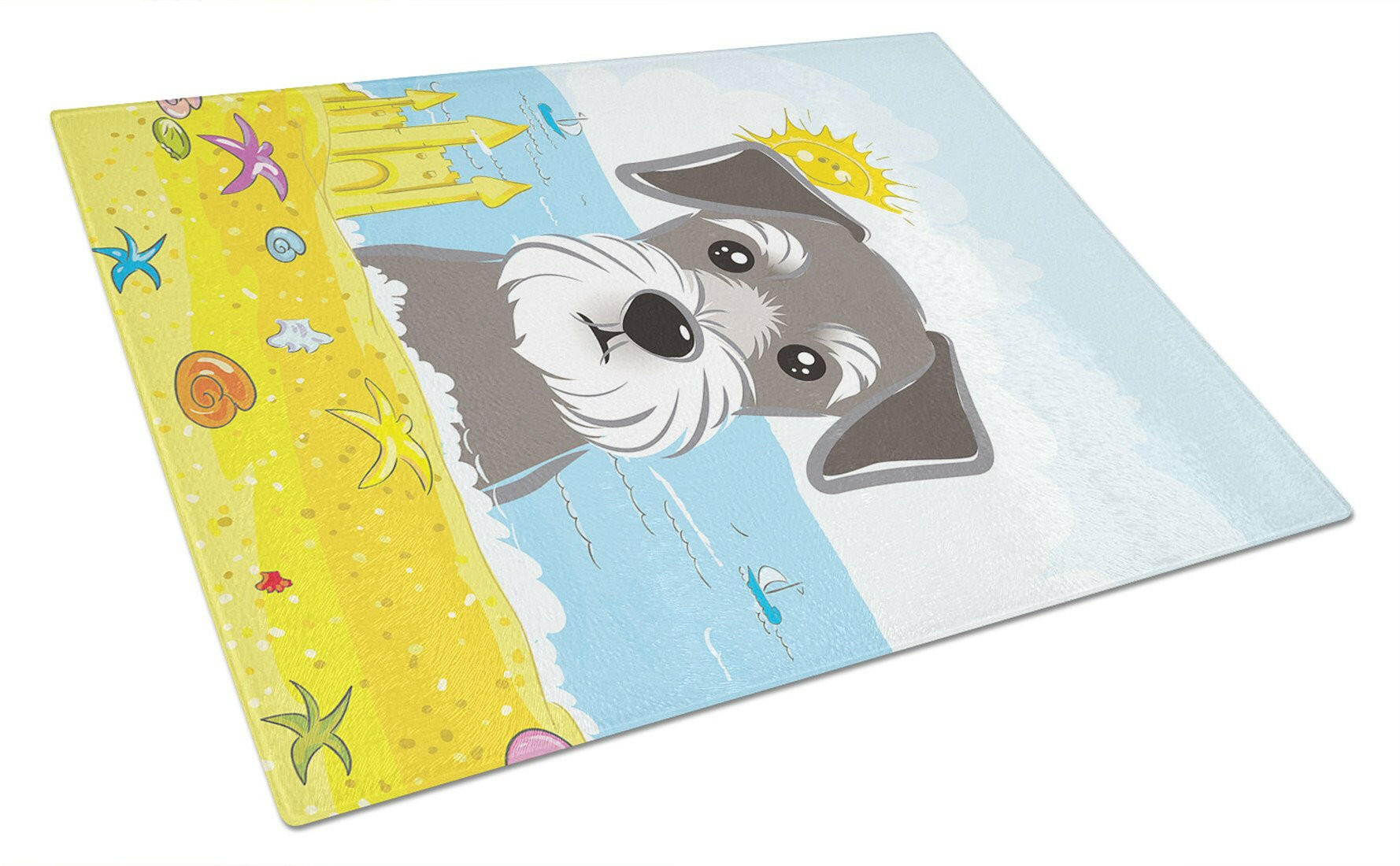 Schnauzer Summer Beach Cutting Board Tempered Glass Kitchen Cutting Surface, Heat Resistant Chopping, Non-Slip Feet, Food Prep & Serving