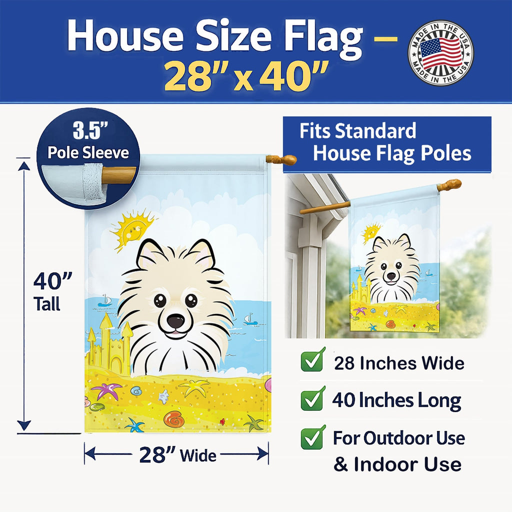 Pomeranian Summer Beach House Flag 28x40 Porch Sleeve Pole Decorative Outside Yard Banner Artwork Wall Hanging, Polyester