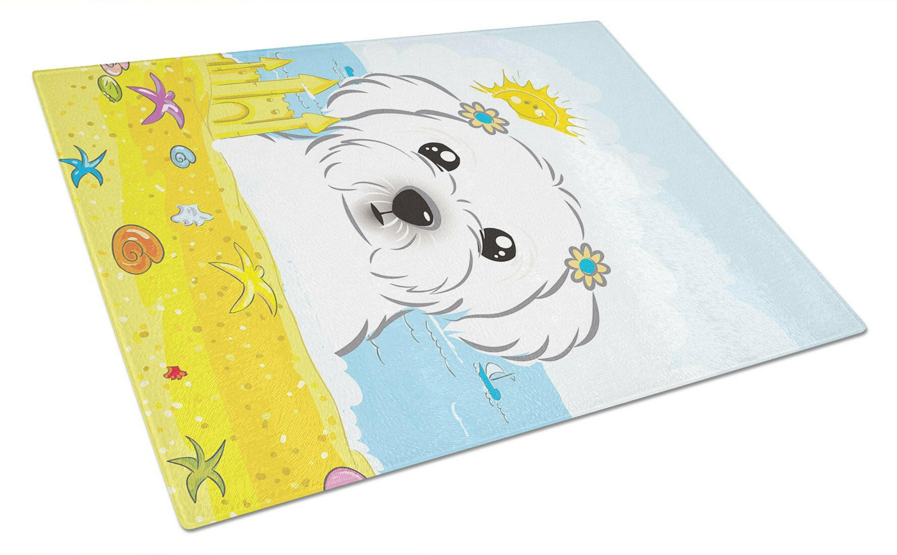 Maltese Summer Beach Cutting Board Tempered Glass Kitchen Cutting Surface, Heat Resistant Chopping, Non-Slip Feet, Food Prep & Serving