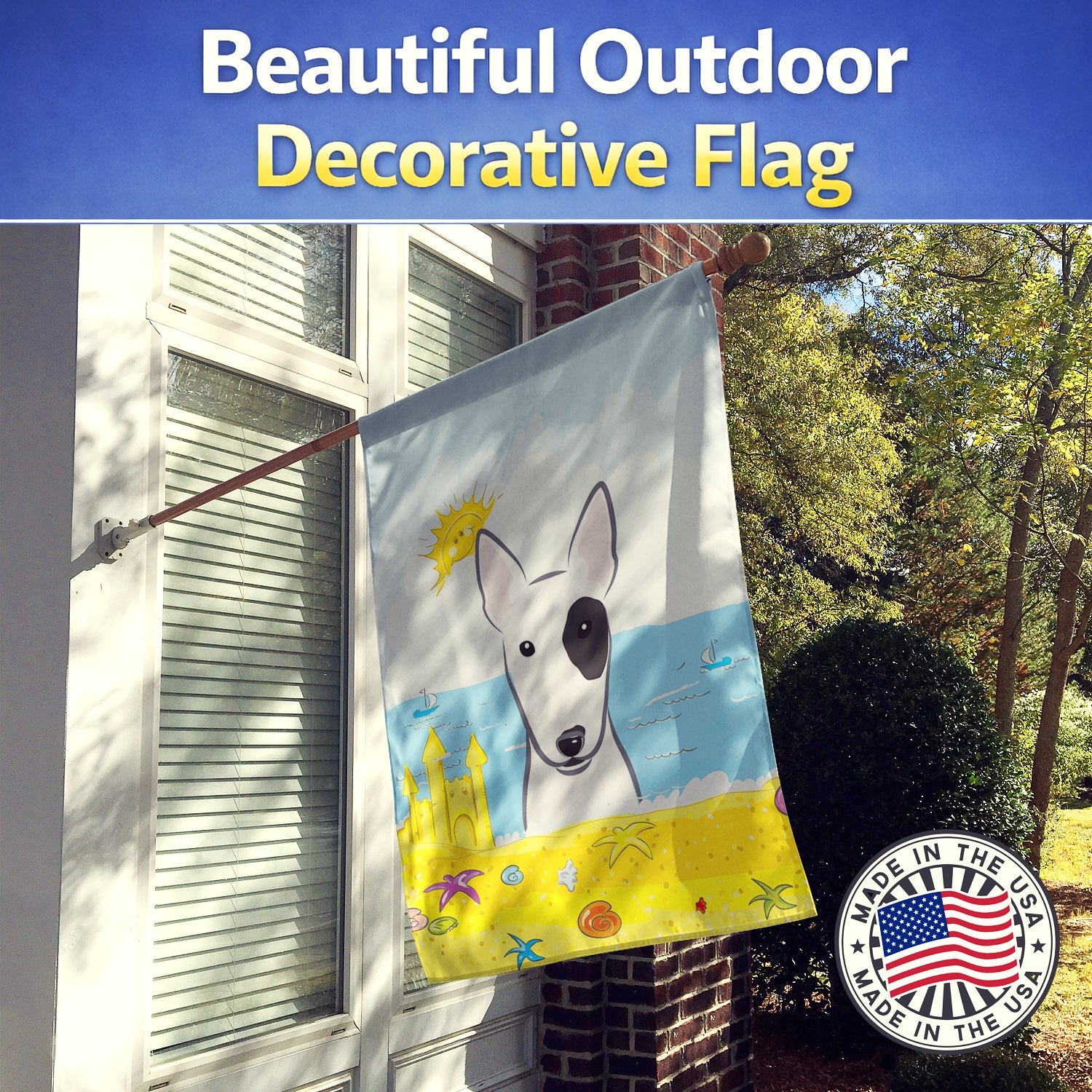 Bull Terrier Summer Beach House Flag 28x40 Porch Sleeve Pole Decorative Outside Yard Banner Artwork Wall Hanging, Polyester