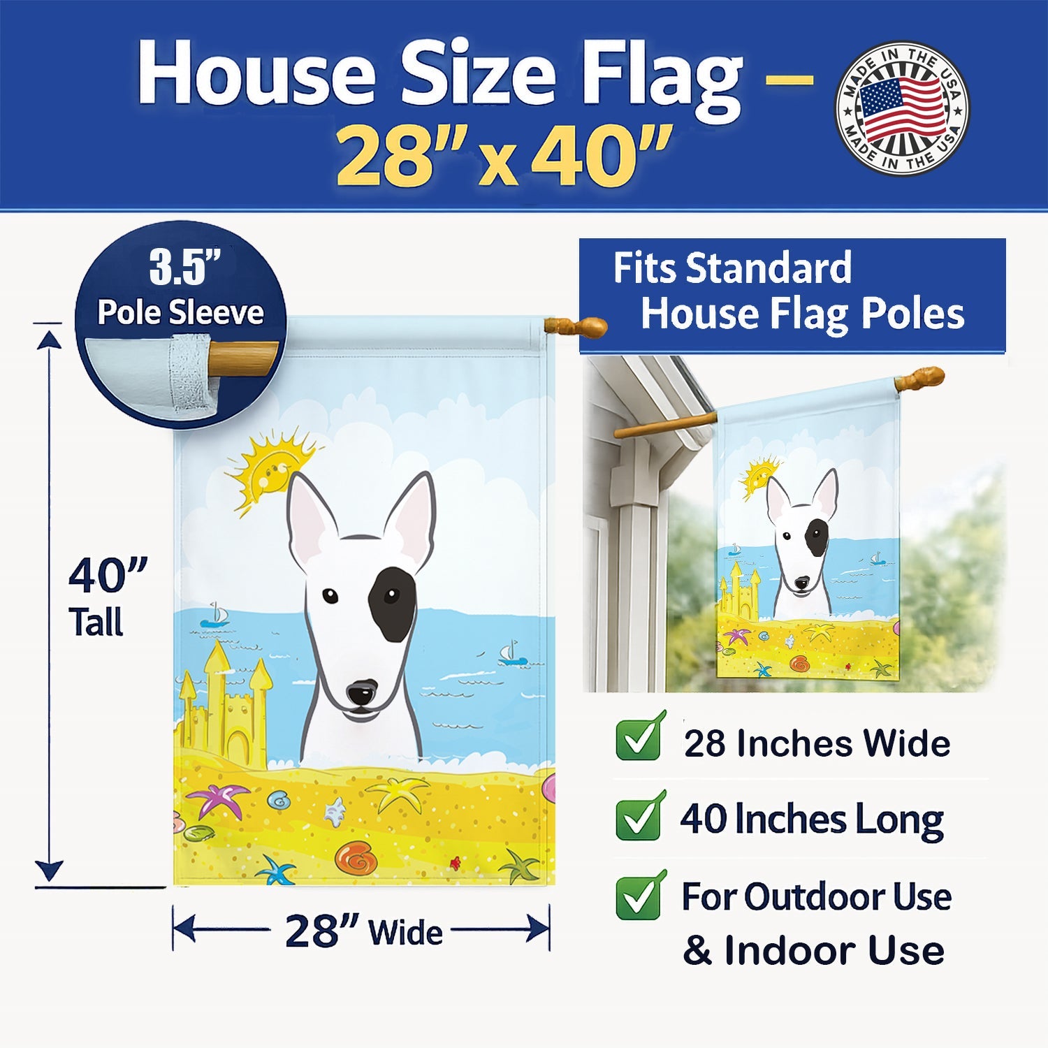 Bull Terrier Summer Beach House Flag 28x40 Porch Sleeve Pole Decorative Outside Yard Banner Artwork Wall Hanging, Polyester