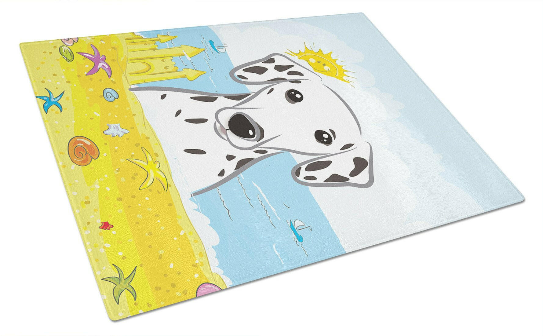 Dalmatian Summer Beach Cutting Board Tempered Glass Kitchen Cutting Surface, Heat Resistant Chopping, Non-Slip Feet, Food Prep & Serving