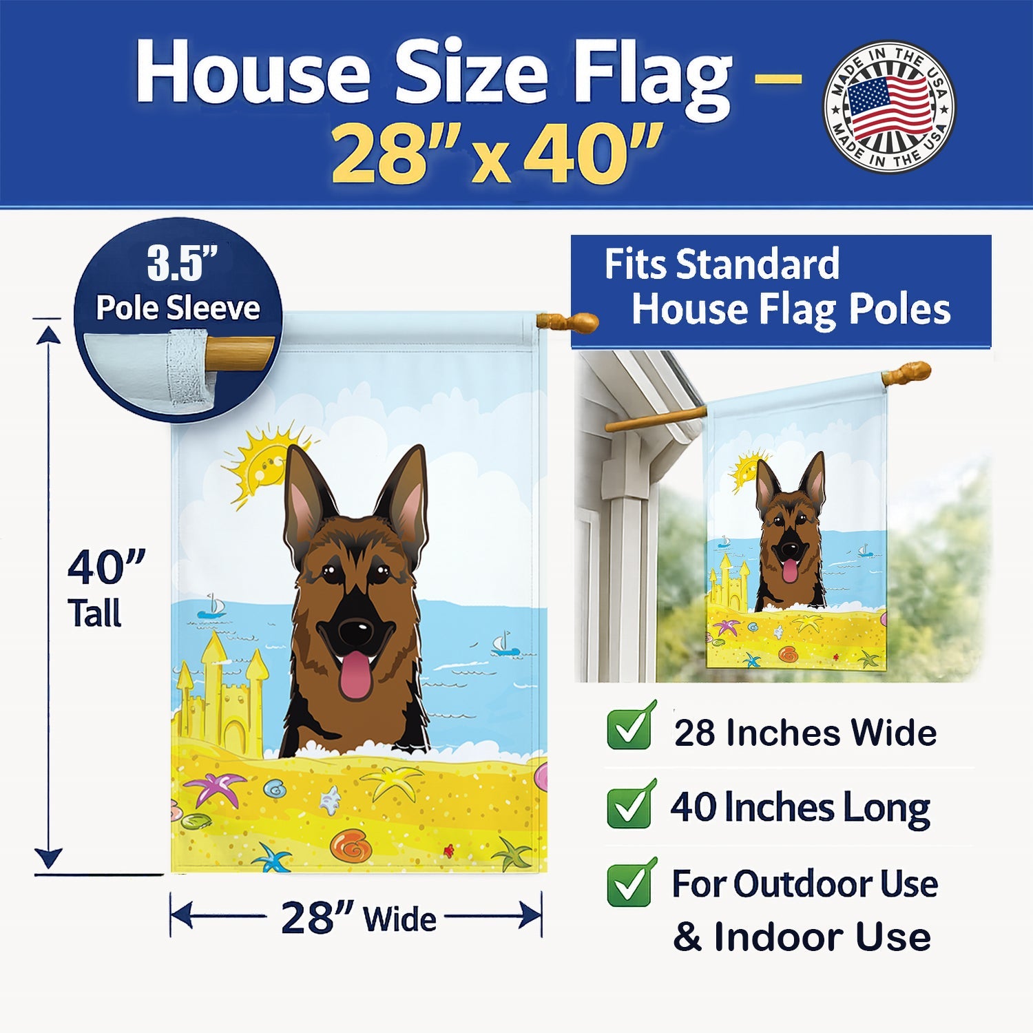 German Shepherd Summer Beach House Flag 28x40 Porch Sleeve Pole Decorative Outside Yard Banner Artwork Wall Hanging, Polyester