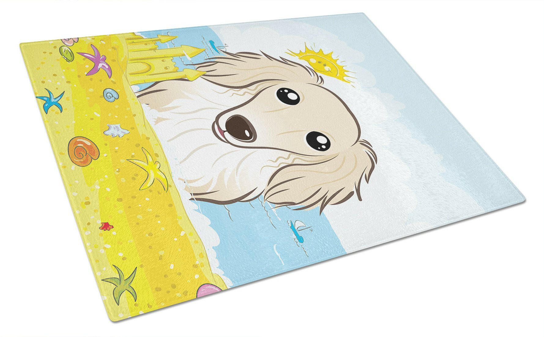 Longhair Creme Dachshund Summer Beach Cutting Board Tempered Glass Kitchen Cutting Surface, Heat Resistant Chopping, Non-Slip Feet, Food Prep & Serving