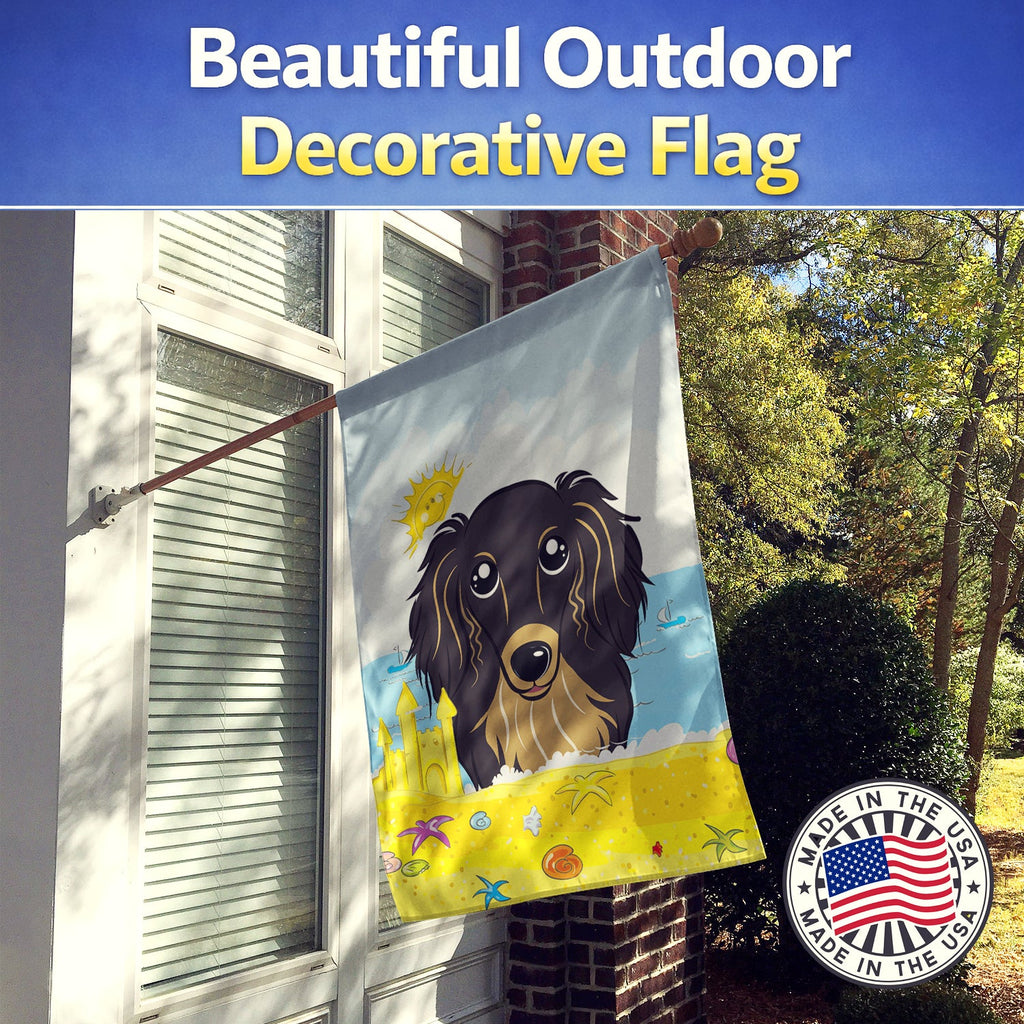 Longhair Black and Tan Dachshund Summer Beach House Flag 28x40 Porch Sleeve Pole Decorative Outside Yard Banner Artwork Wall Hanging, Polyester