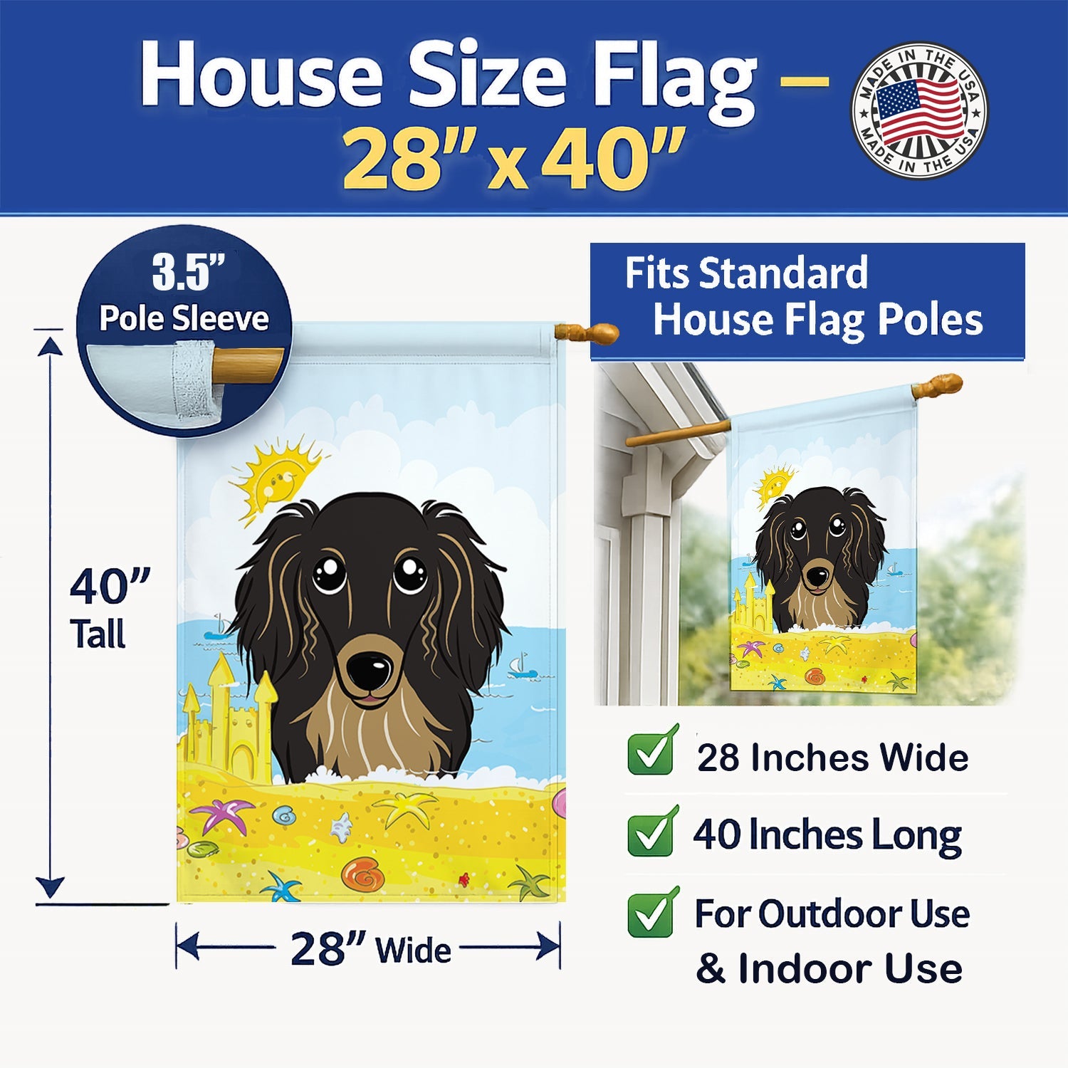 Longhair Black and Tan Dachshund Summer Beach House Flag 28x40 Porch Sleeve Pole Decorative Outside Yard Banner Artwork Wall Hanging, Polyester