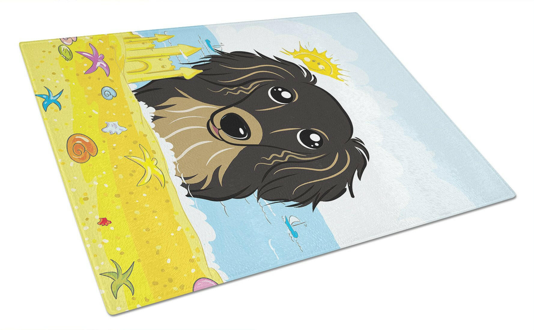 Longhair Black and Tan Dachshund Summer Beach Cutting Board Tempered Glass Kitchen Cutting Surface, Heat Resistant Chopping, Non-Slip Feet, Food Prep & Serving
