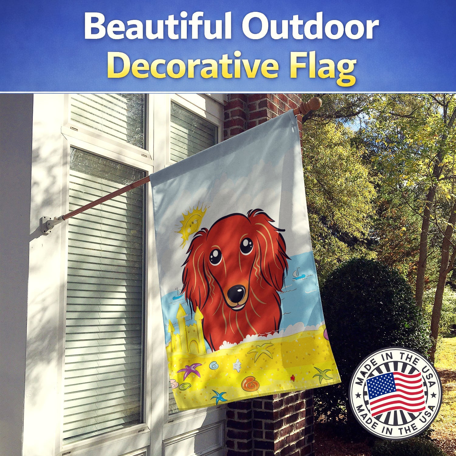 Longhair Red Dachshund Summer Beach House Flag 28x40 Porch Sleeve Pole Decorative Outside Yard Banner Artwork Wall Hanging, Polyester